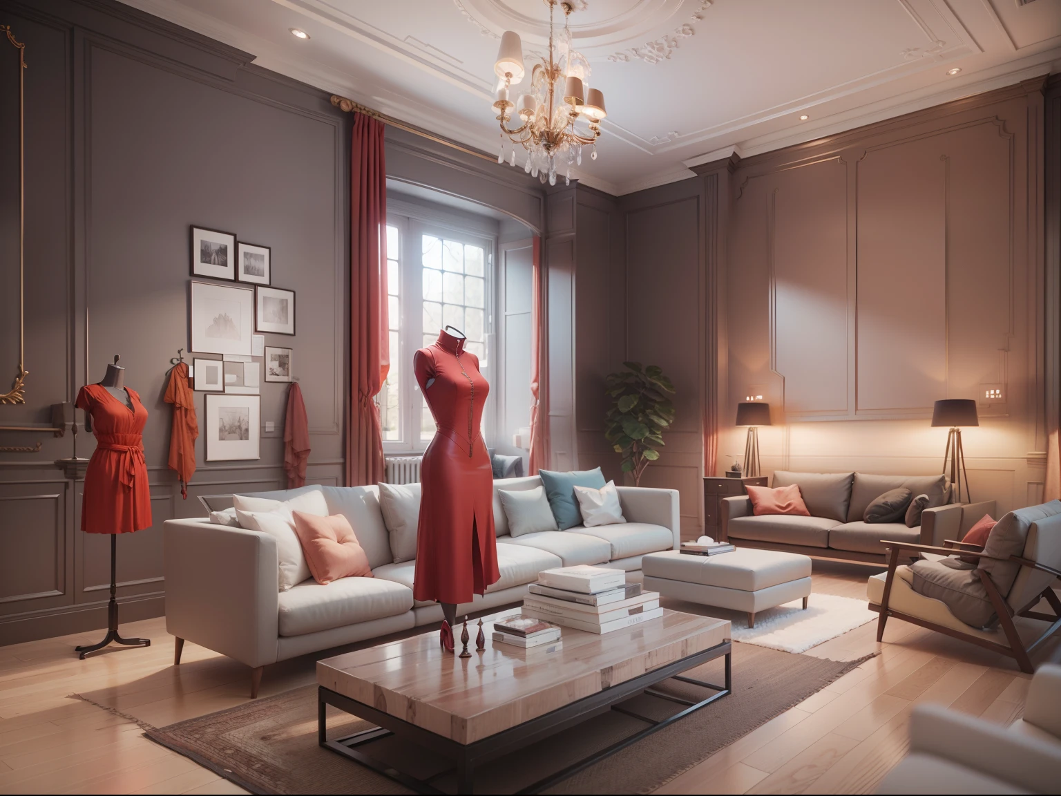 Tailor's mannequin, covered with red cloth, models, 3D rendering with good lighting, high quality 3d render, high quality 3d render, in style of 3d render, high quality rendering, Отличный 3D-рендер, Award-winning rendering, with photorealistic lighting, rendered in corona, contemporary livingroom, Archviz