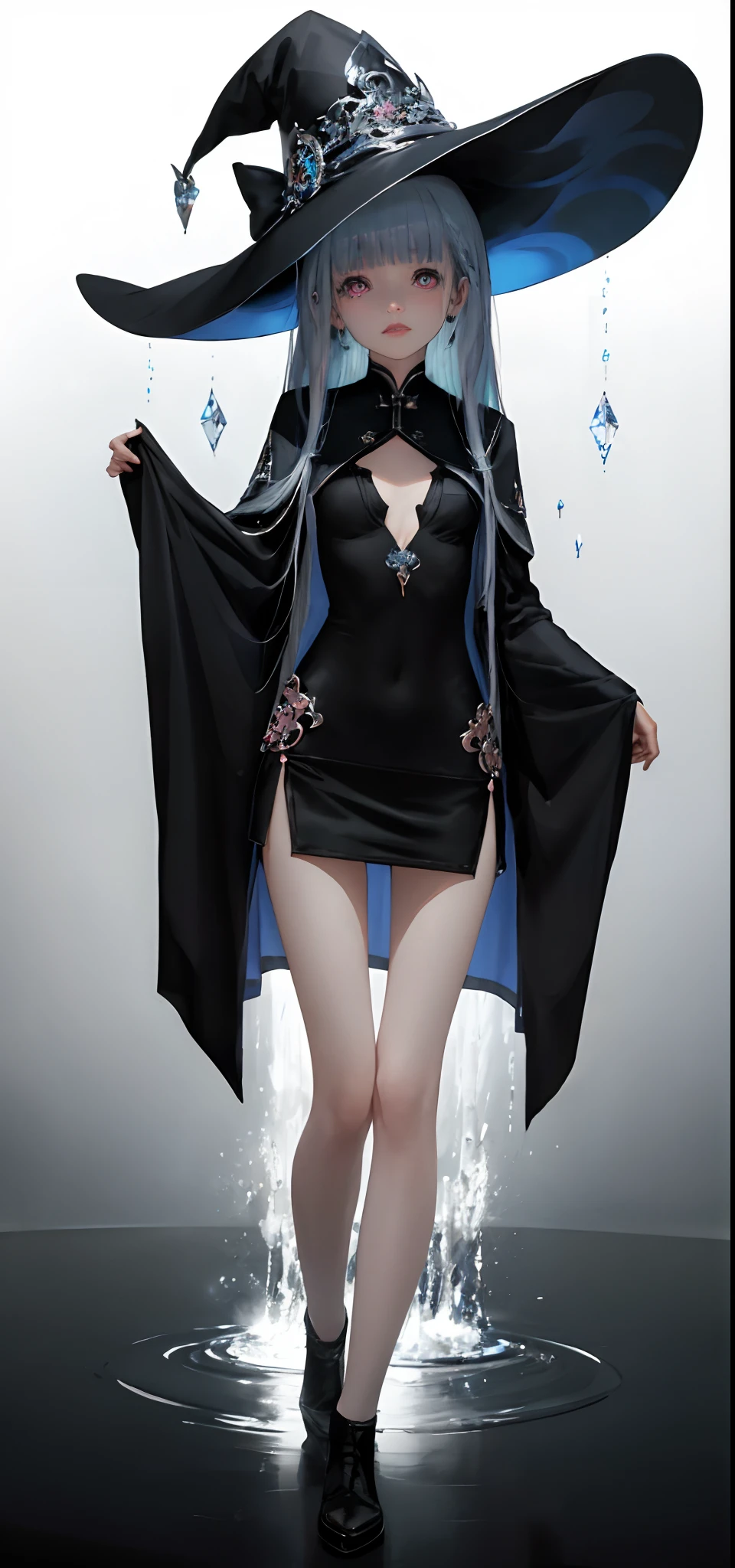 Blue Themes, Masterpiece, magical , (Impossible clothes:1.5), Superskirt, Gradient background, Silver blue hair, , Blunt bangs,side locks, Pink eyes, (ulzang-6500-v1.1:0.9), Medium breasts, Breasts, thigh gap, hair adornments, Arched back, black_witch_Hat,Intricate_decor,mistic_The fountain,Glowing_crystals