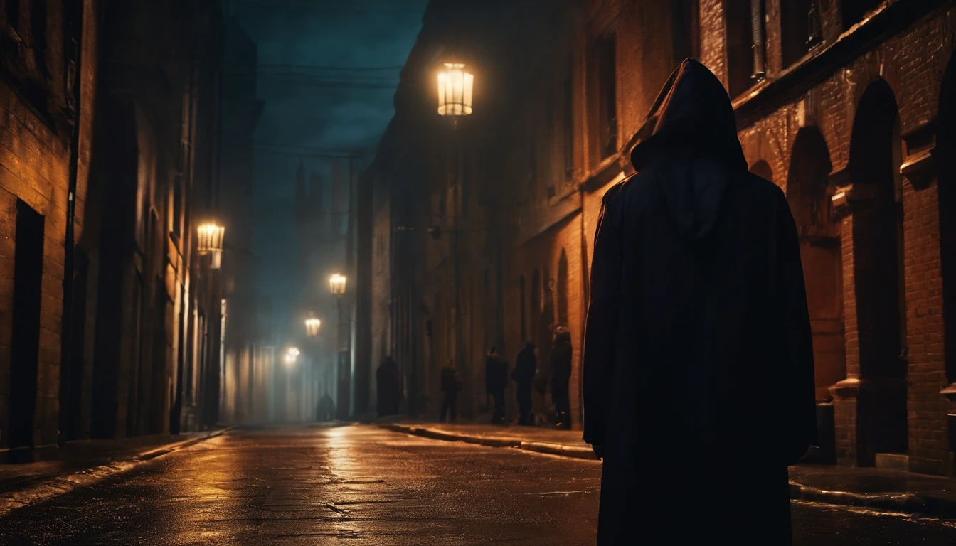 "Depict a realistic male vampire in a hoodie in a gloomy city alley at midnight."