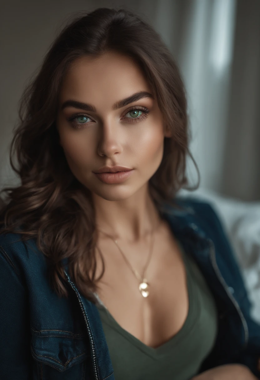 arafed woman with a white tank top and a necklace, sexy girl with green eyes, portrait sophie mudd, brown hair and large eyes, selfie of a young woman, bedroom eyes, violet myers, without makeup, natural makeup, looking directly at the camera, face with artgram, subtle makeup, stunning full body shot, piercing green eyes, beautiful angle, attractive pose, cute girl, sexy pose, full body picture, full body, full body shoot, brunette goddess, high detail, satisfied pose, leather pants