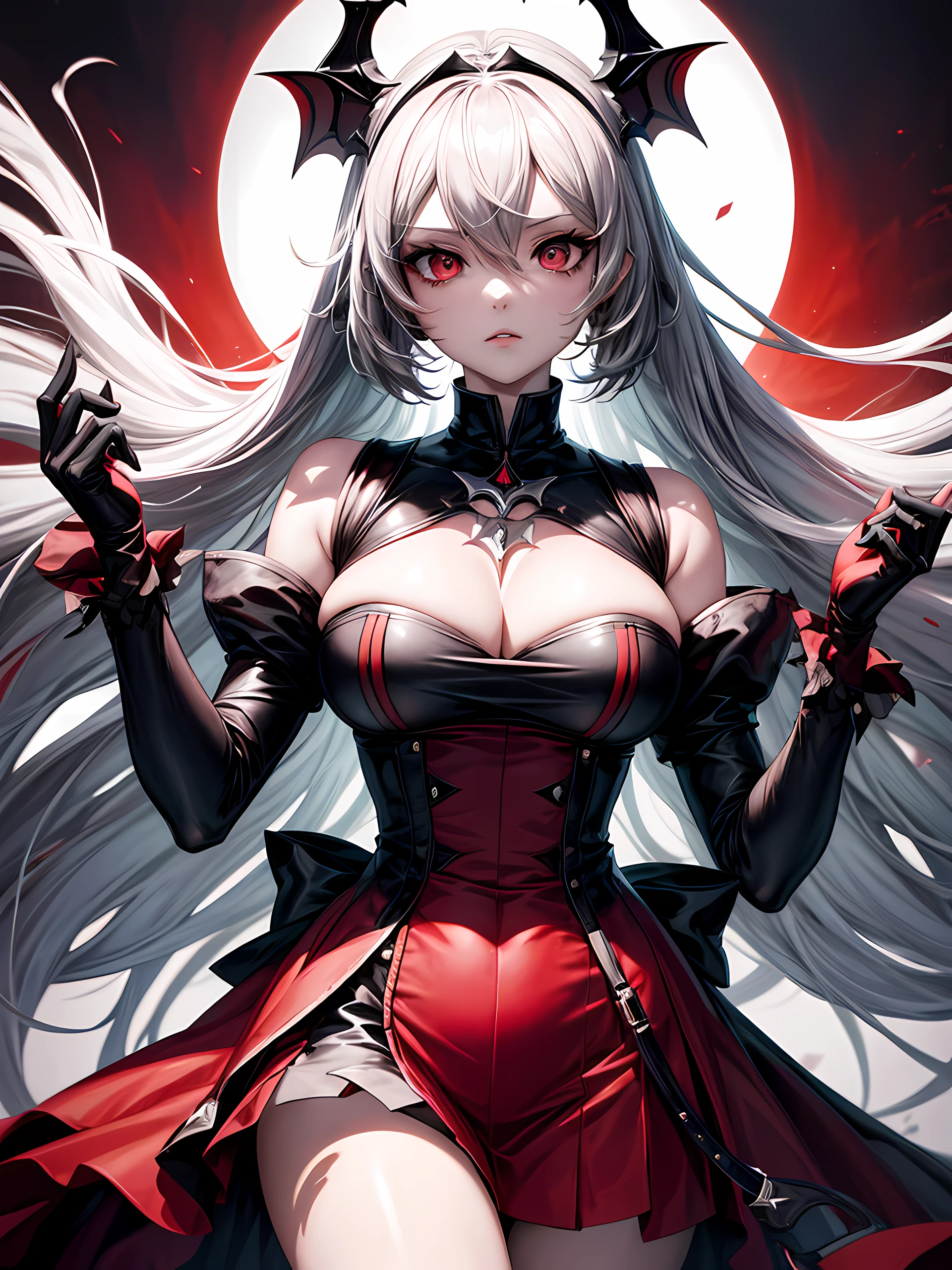 Top Quality, Photorealistic, 8K, High Definition, absurd res, high res, ultra sharp, masterpiece, (masterpiece), best quality, expressive eyes, perfect face, Super eyes, masterpiece, highly detailed exquisite character art, epic fantasy digital art style, detailed digital 2d fantasy art, a couple of anime characters with a red demon on their back, 2 b, 2b, full res, l vampire, from arknights, grayscale phtoto with red dress, zerochan art, zerochan, digital art from danganronpa, in style of cytus and deemo, persona 5 art style wlop, pixiv, touhou character