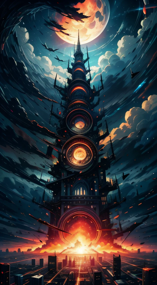building, destruction, end of the world, death, apocalypse, tower, fish eye, fire,clouds,