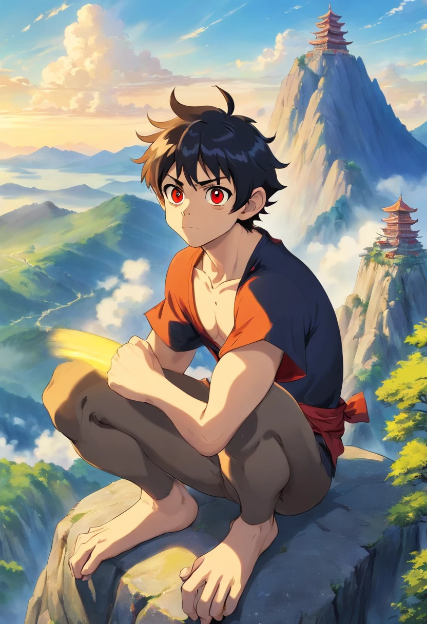 monkey humanity with the appearance of a 19 year old young man, villain, with an evil look, is sitting on top of a mountain, golden aura around him, with monkey tail, red eyes, black hair, very hairy, with monkey ears, shirtless, japanese manga style
