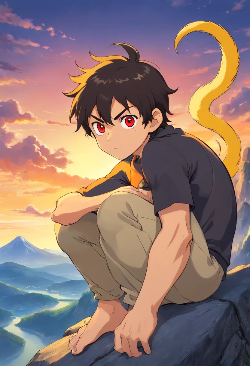 monkey humanity with the appearance of a 19 year old young man, villain, with an evil look, is sitting on top of a mountain, golden aura around him, with monkey tail, red eyes, black hair, very hairy, with monkey ears, shirtless, japanese manga style