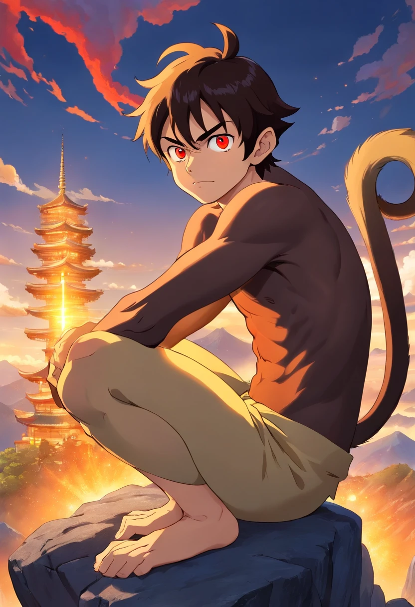 monkey humanity with the appearance of a 19 year old young man, villain, with an evil look, is sitting on top of a mountain, golden aura around him, with monkey tail, red eyes, black hair, very hairy, with monkey ears, shirtless, japanese manga style