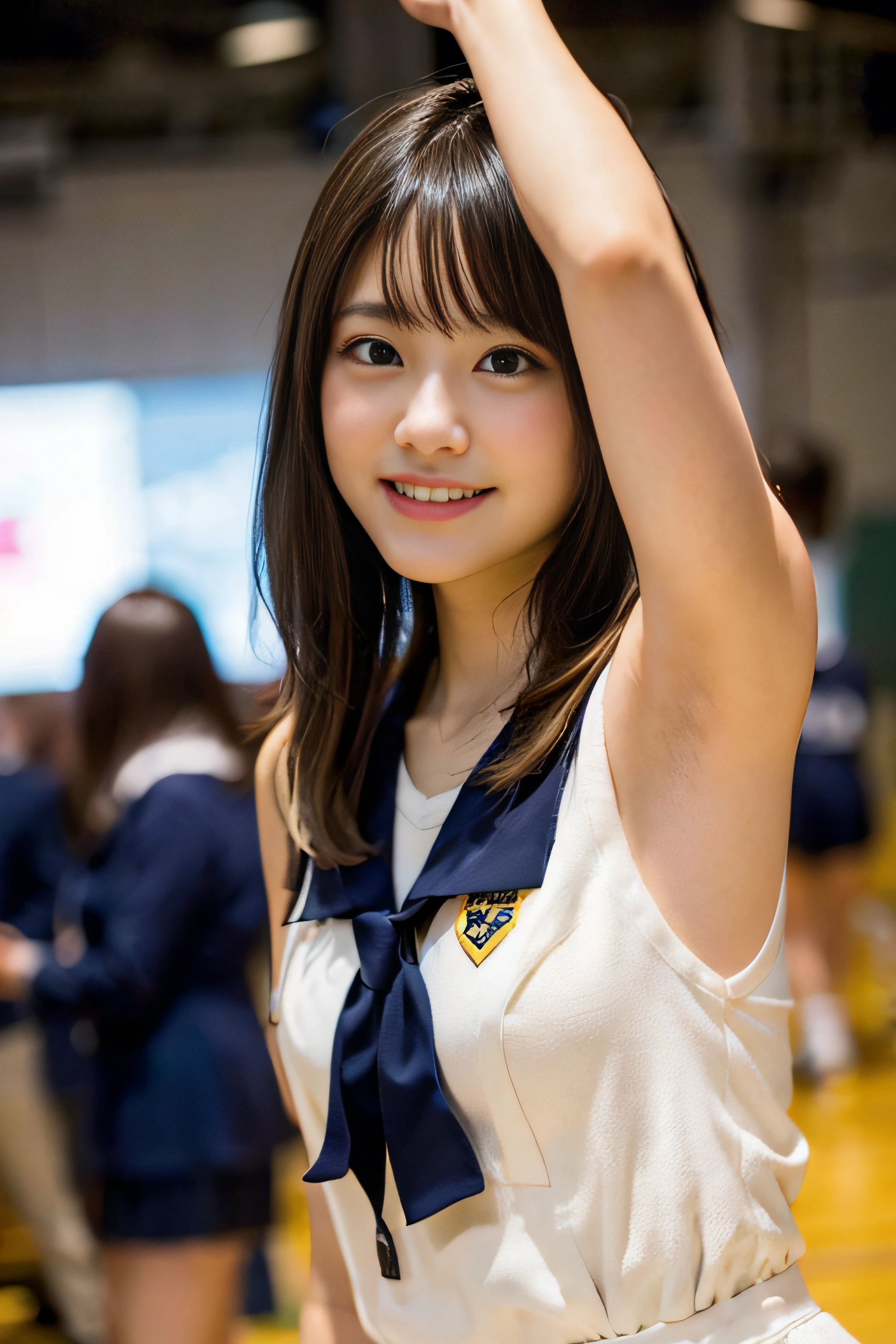 (8K、Raw photography、top-quality、​masterpiece:1.2)、(realisitic、Photorealsitic:1.37)、ultra-detailliert、超A high resolution、女の子1人、see the beholder、beautifull detailed face、A smile、Constriction、(Slim waist) :1.3)、Beautiful detailed skin、Skin Texture、Floating hair、Professional Lighting、Whole human body、Longhaire、a blond、Bob Hair、F-cup、Happy smile、sixteen years old、a baby face、F-cup、Happy smile、sixteen years old、a baby face、Suppin、a sailor suit、high-school uniform、Volleyball match venues、Armpit poses、Pose with hands raised and waving