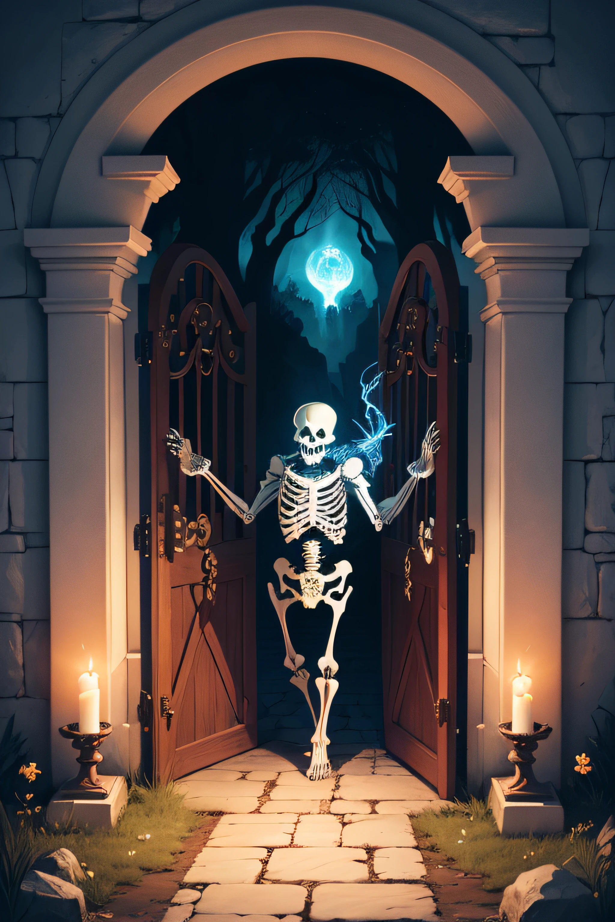 skeleton opening a magical gate of haven