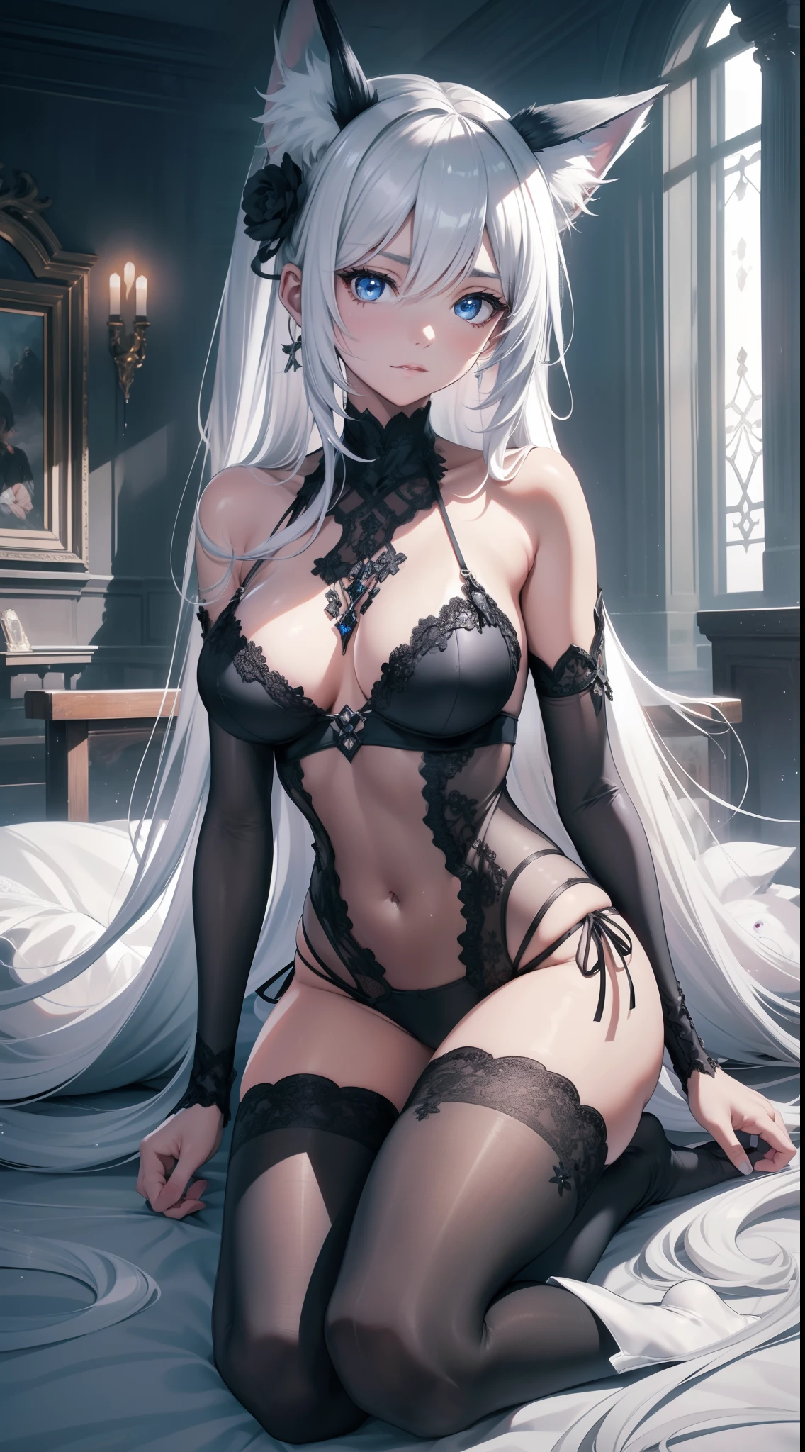 in a castle, full bodyesbian, masterpiece, Best quality at best, official art, Very detailed CG 8k wallpaper, (flying petal)(Detailed ice), Crystal texture of the skin, Grim expression, (fox ear), white hair, long white hair, messy  hair, eBlue eyes, Medium breasts, looking at viewer, Hands are truly optimized, The foot is truly and reasonably optimized, very fine and beautiful, A high resolution, Underwear lace (transparent pubic hair, Silky), Navel-baring, Sling pajamas black silk (transparent pubic hair, Silky), Strangle leg rings, close-up on legs, Unilateral ponytail with white hair, Flushed face, Lie down, Background bed, water stain (Close up of transparent water stains), lots of resolution, Close-up of the hand, The lines are clear and realistic, photograph realistic, best quality, tmasterpiece, Extremely refined and beautiful, extremely details, CG 8K, Amazing Cleavage, finely detailed, tmasterpiece, Best quality at best, extremely detailed CG unity 8k wallpaper,