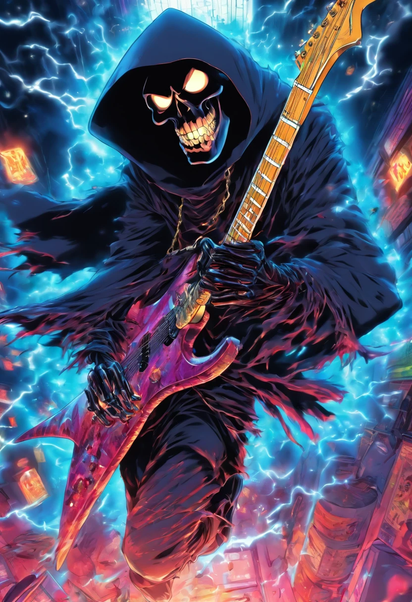 Japanese manga about a grim reaper is jumping and play a electric guitar with angry face and the spike chain around the neck with fisheye camera angle drawing style by Tite Kubo