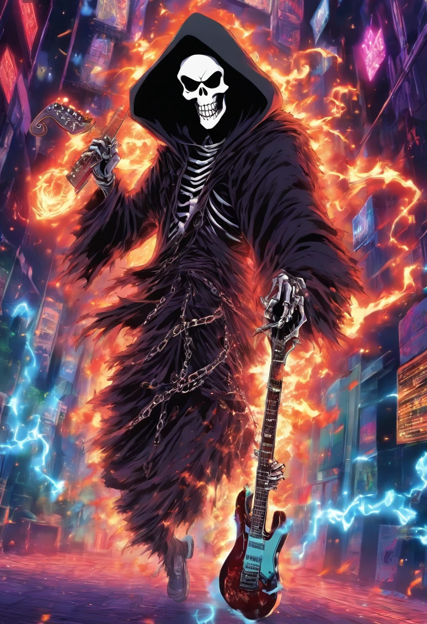 Japanese manga about a grim reaper is jumping and play a electric guitar with angry face and the spike chain around the neck with fisheye camera angle drawing style by Tite Kubo