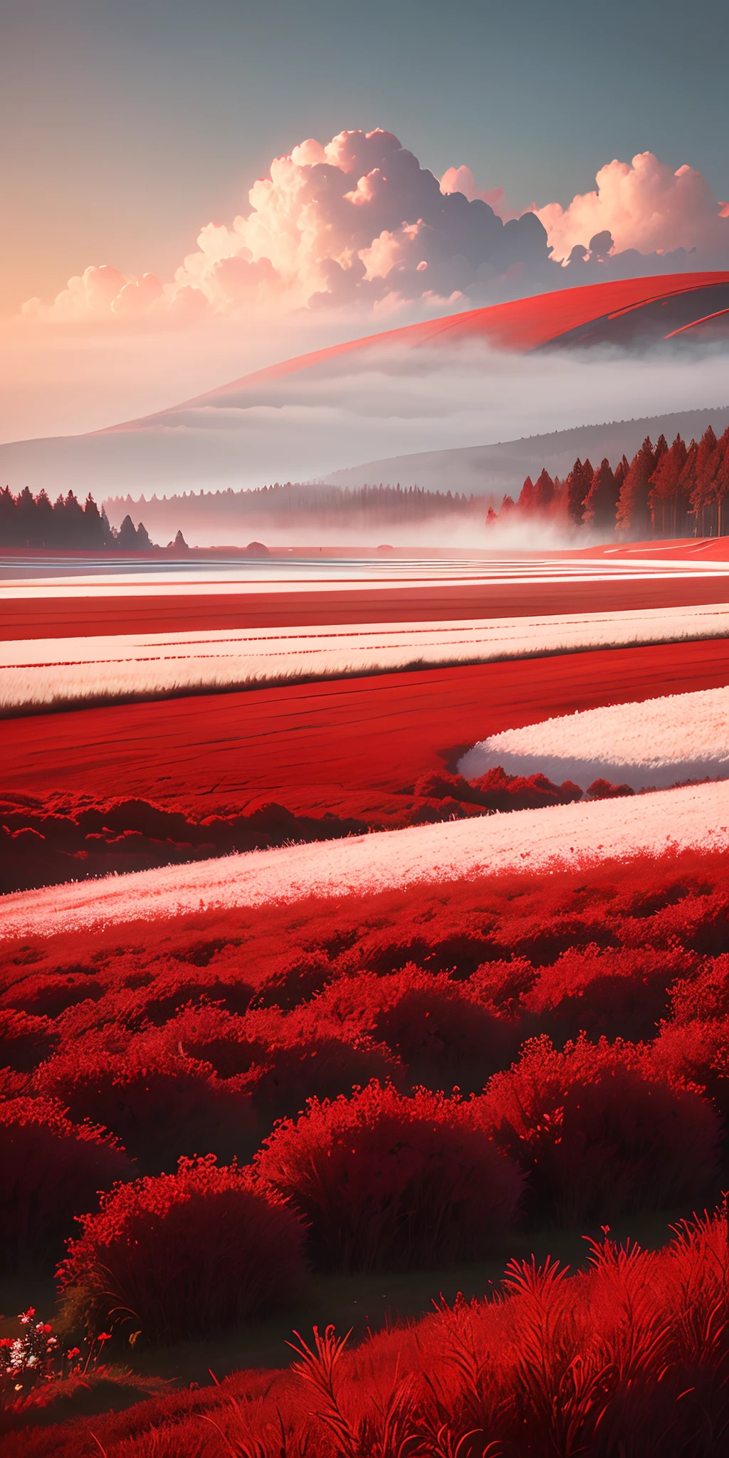 Masterpiece, (Perfect Quality), (Red Field), (Red & White),In a flat landscape, mist