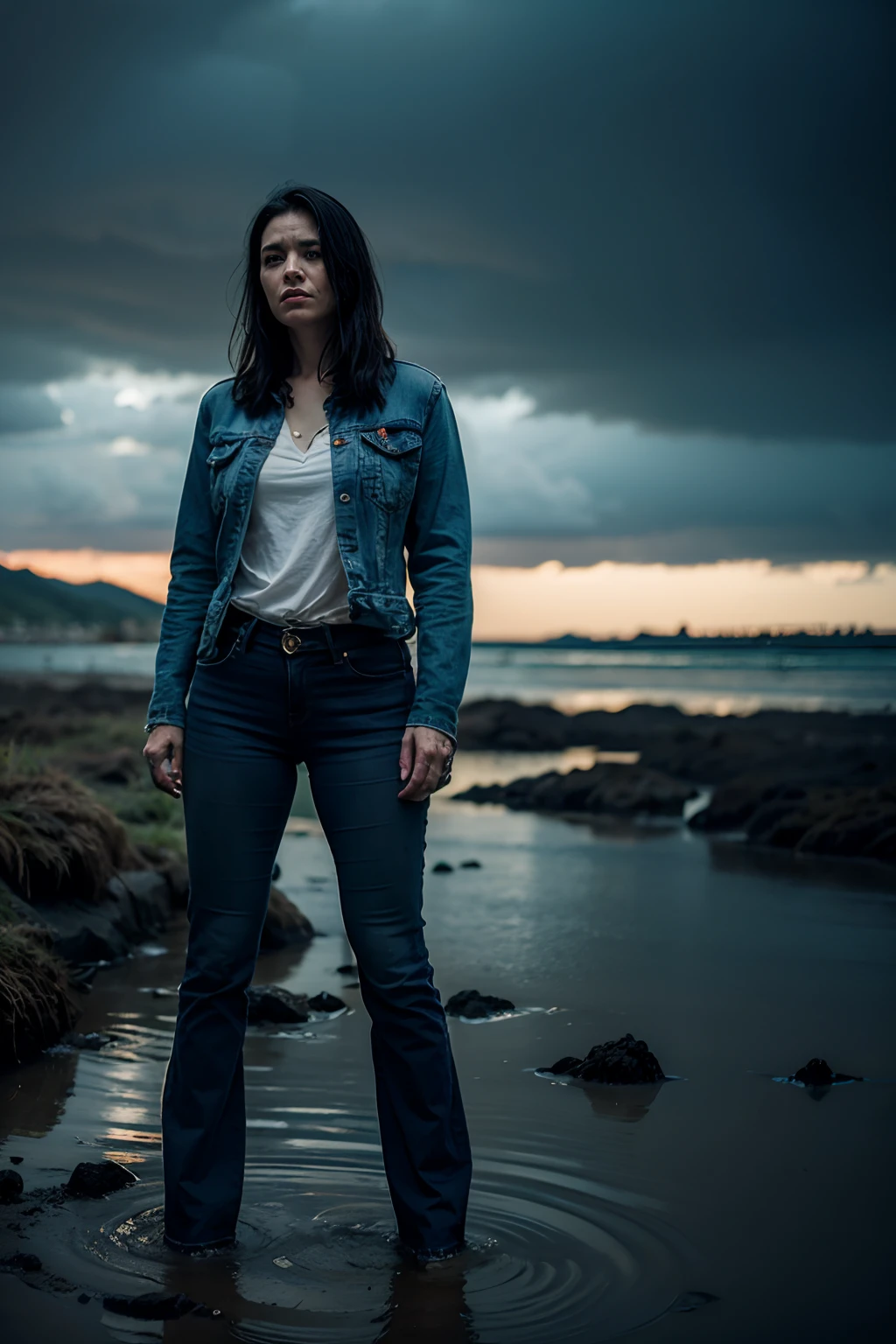 Woman in jeans standing in dirty dirt,  And she knows, that these are the Last Moments Before Death, Dynamic frame, Pronounced wrinkles, gloomy atmosphere, realistic style, dramatic  lighting, exquisite details, Tangled vegetation, cloudy water, disappointed expression on his face, despair, Suffocating, Ripples on the surface, ominous shadows,