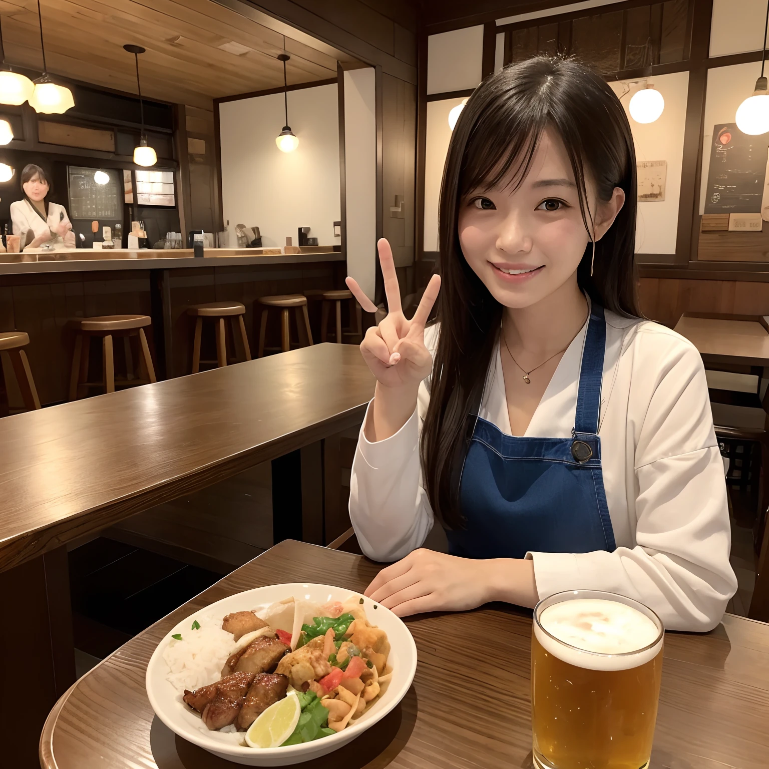 Woman in tavern sitting at table、While making a peace sign々I'm in front of a Japan of cuisine。The table has、yakitori、rice、And a big mug of beer is placed。Warm surroundings、It is full of a friendly atmosphere。