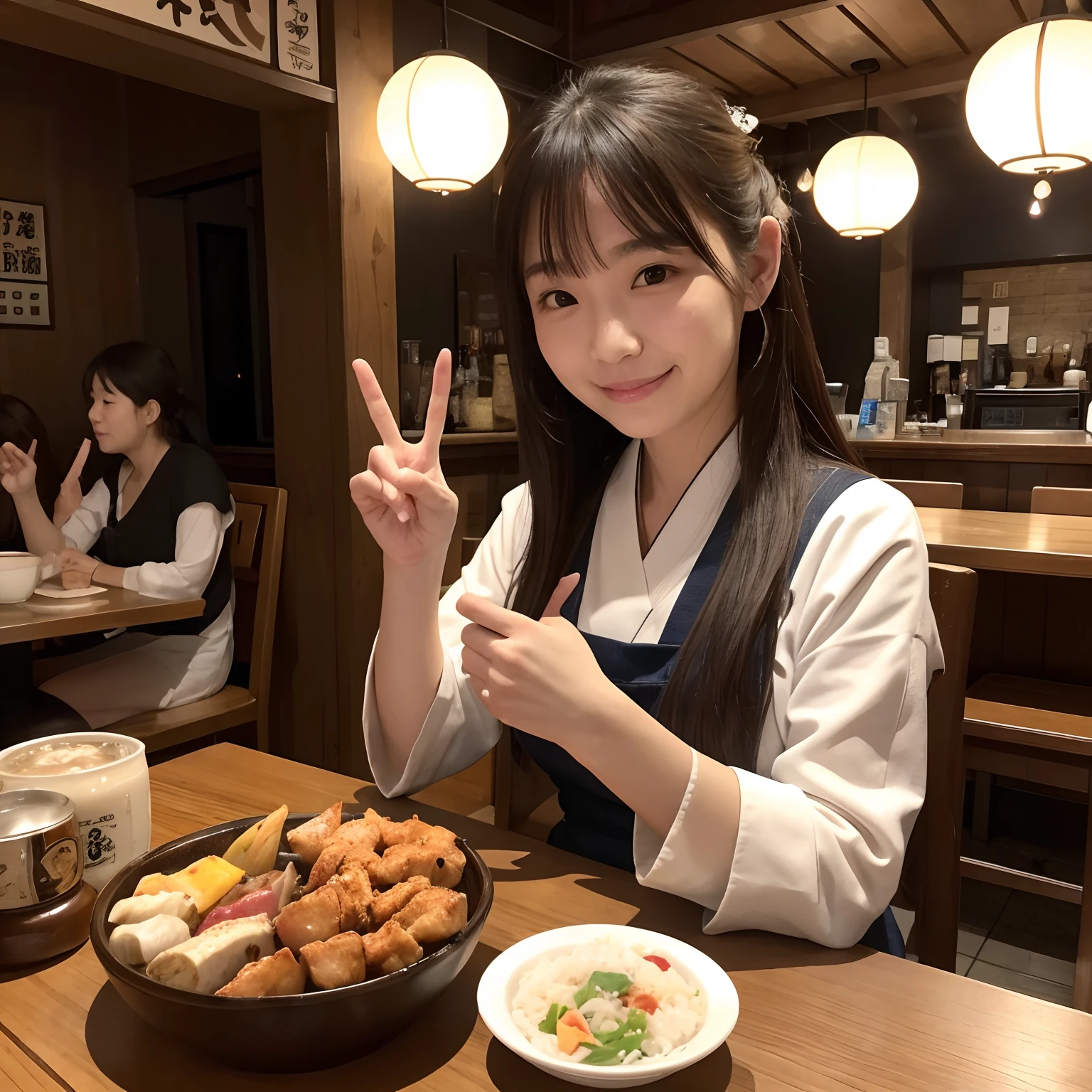 Woman in tavern sitting at table、While making a peace sign々I'm in front of a Japan of cuisine。The table has、yakitori、rice、And a big mug of beer is placed。Warm surroundings、It is full of a friendly atmosphere。