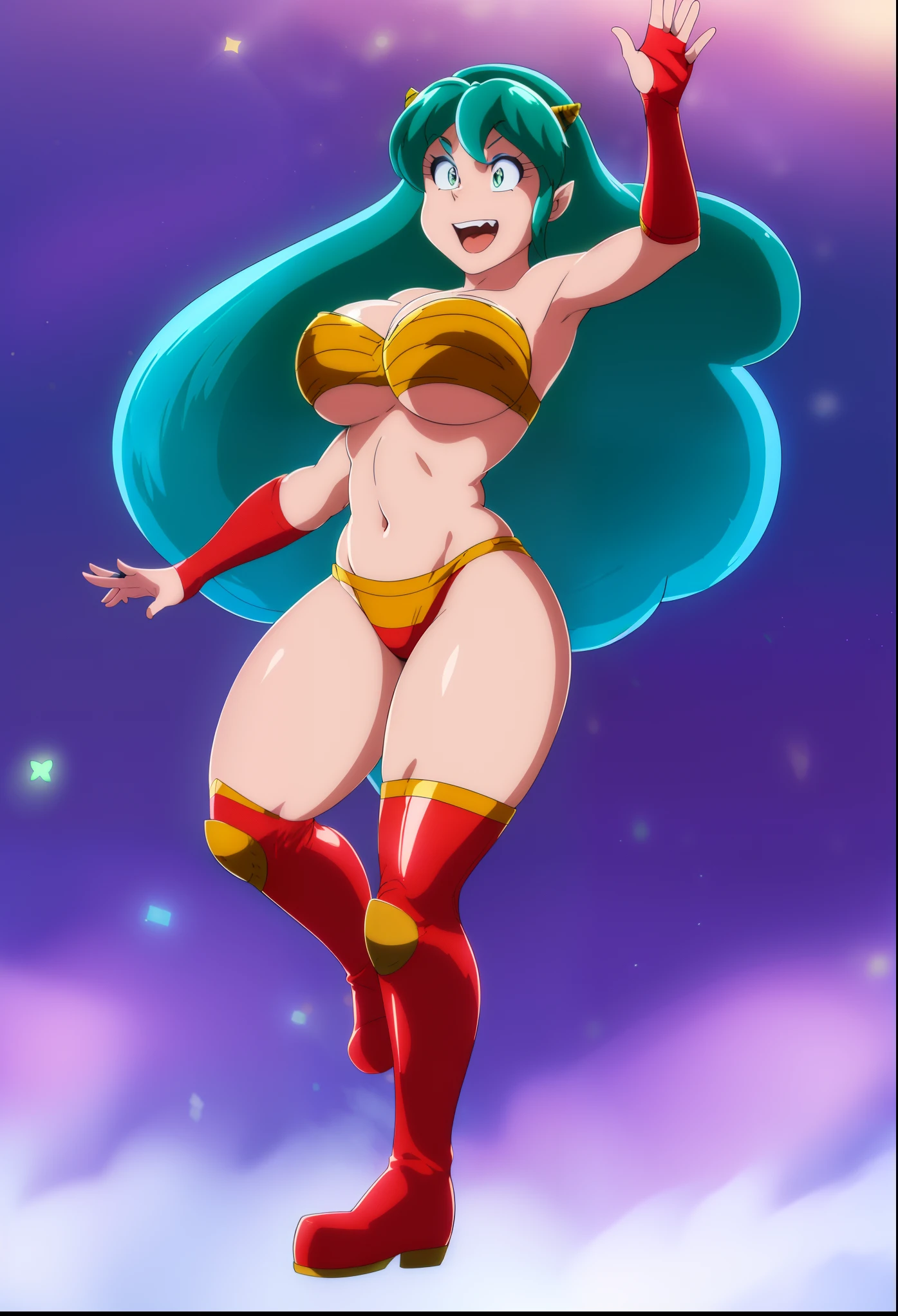 lum, superhero costume,, standing,, boots, oni, smile,, full body, sentai, bikini, horns, curvy, big breast, open mouth teeths, fangs,(best quality,4k,8k,highres,masterpiece:1.2),mega-detailed,(,1.37),portraits,vivid colors,warm tones,soft lighting