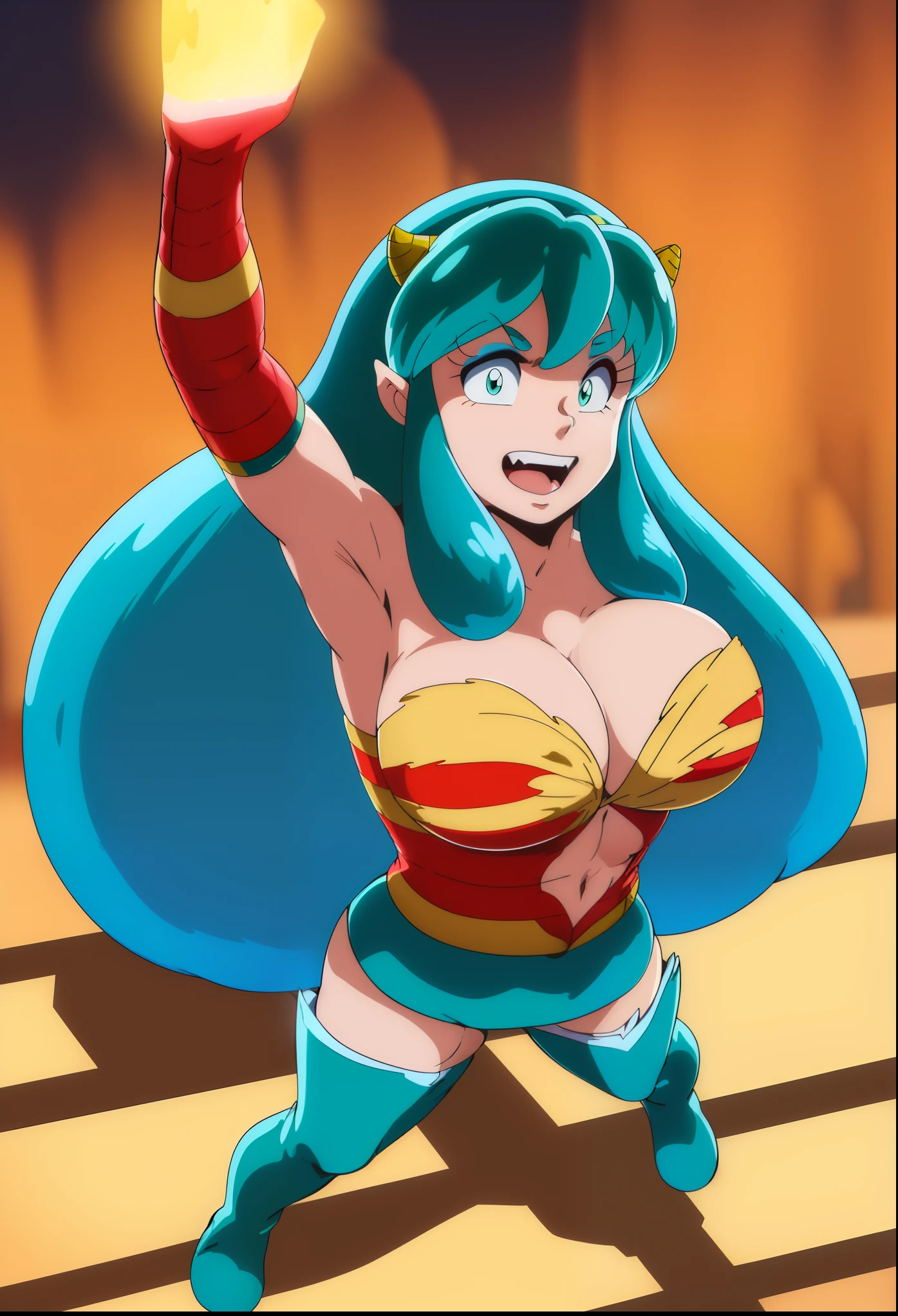 lum, superhero costume,, standing,, boots, oni, smile,, full body, sentai, bikini, horns, curvy, big breast, open mouth teeths, fangs,(best quality,4k,8k,highres,masterpiece:1.2),mega-detailed,(,1.37),portraits,vivid colors,warm tones,soft lighting