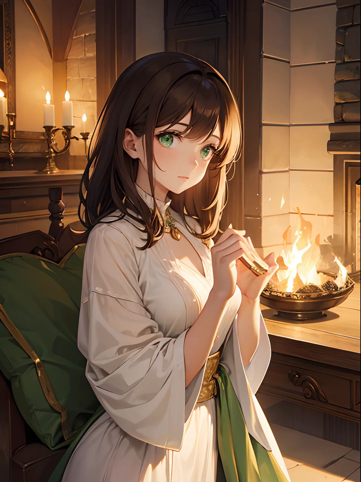 A cozy tavern in a medieval fantasy city, known as 'Night Sky Tavern', with a warm and inviting interior. The tavern is filled with wooden tables and chairs, a fireplace crackling in the corner, and shelves lined with bottles. Starry light streams through the windows, casting a magical glow. A female traveler sits at a table, enjoying a drink. She has long, dark hair, tan skin, and wears a cloak and adventurer's gear.