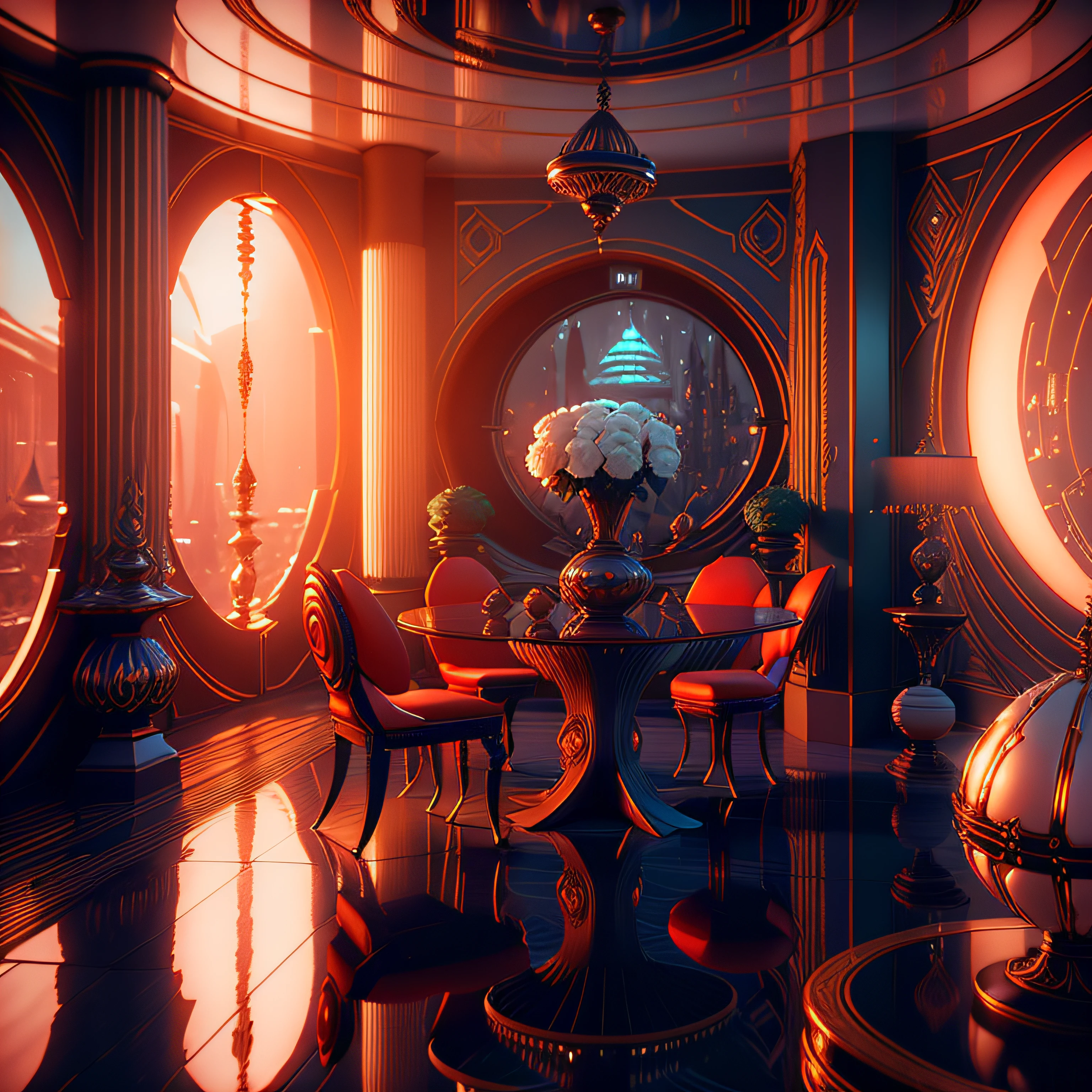 There is a dining room with tables, chairs and chandeliers, cgsociety 9, futuristic persian palace, CG Society Real Engine, Redshift Houdini, Futuristic. Game CG, Unreal Engine Cinema 4D, Glamorous cyberpunk interior, Ultra-realistic symmetry 8K, Rene Lalique and Eddie Mendoza, Cinematic Unreal 5, Cinematic Smooth Unreal Engine --auto