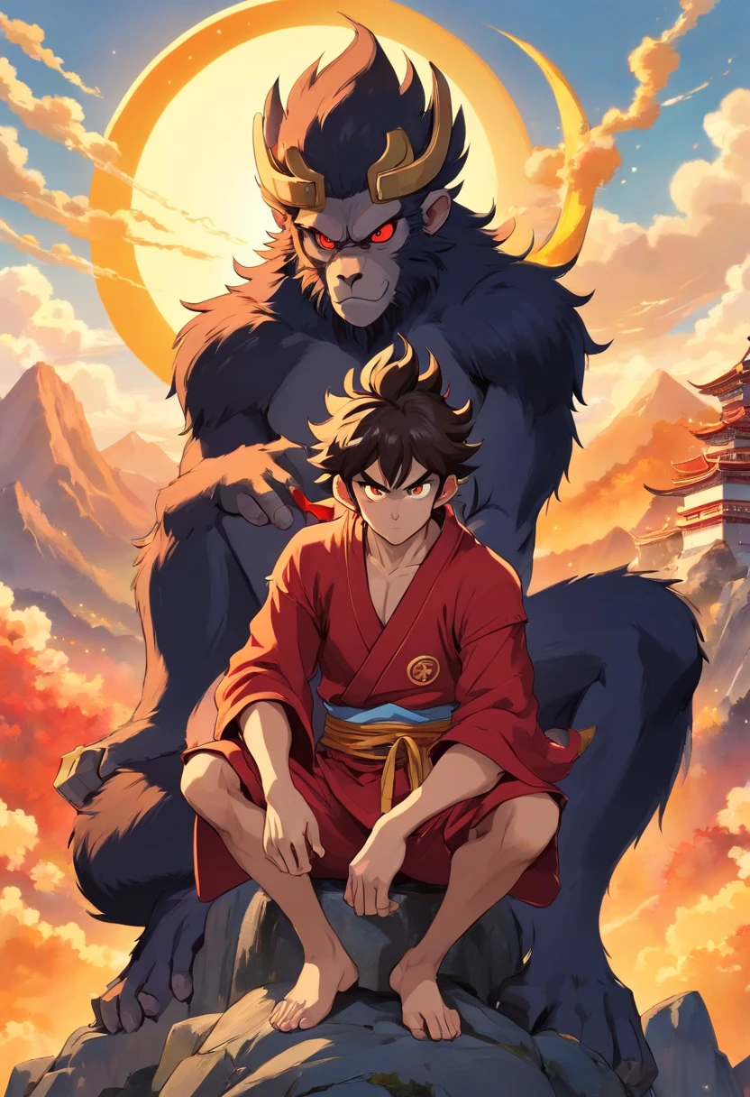 monkey man with an appearance of a 19 year old young man, villainous, with an evil look, is sitting on top of a mountain, golden aura around him, with monkey tail, red eyes, black hair, very hairy, with monkey ears , shirtless, japanese manga style