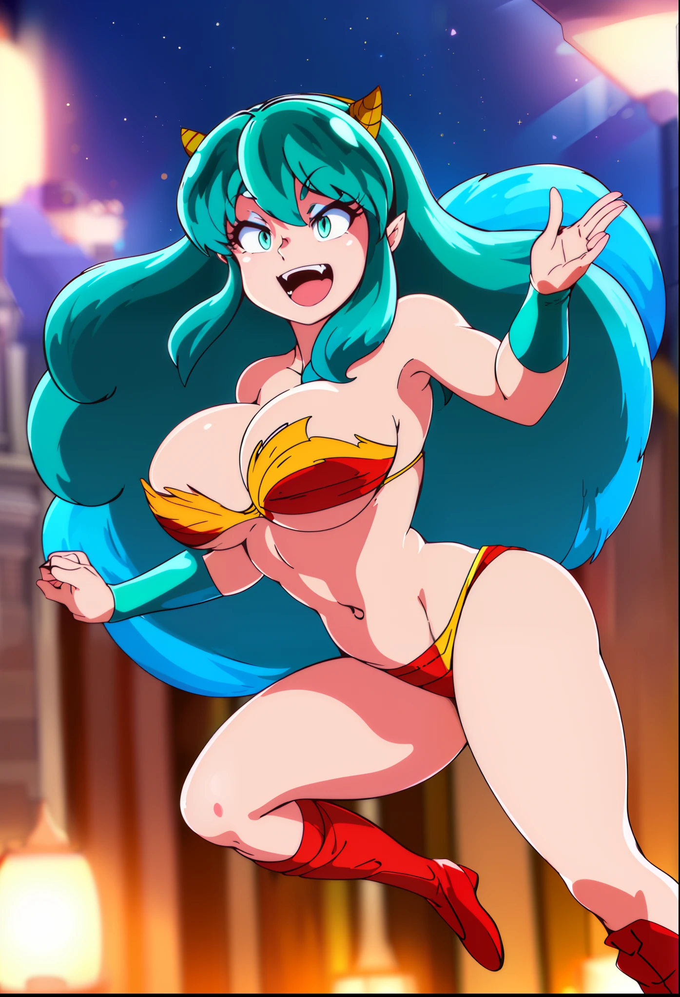 lum, superhero costume,, standing,, boots, oni, smile,, full body, sentai, bikini, horns, curvy, big breast, open mouth teeths, fangs,(best quality,4k,8k,highres,masterpiece:1.2),mega-detailed,(,1.37),portraits,vivid colors,warm tones,soft lighting