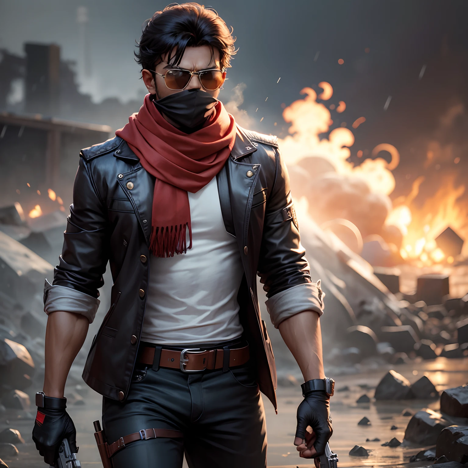 Actor Thalapathy Vijay as a cowboy wearing a scarf covering his face and wearing a cool sunglass holding a gun in hands standing near a blasting background in a rainy day comic style art