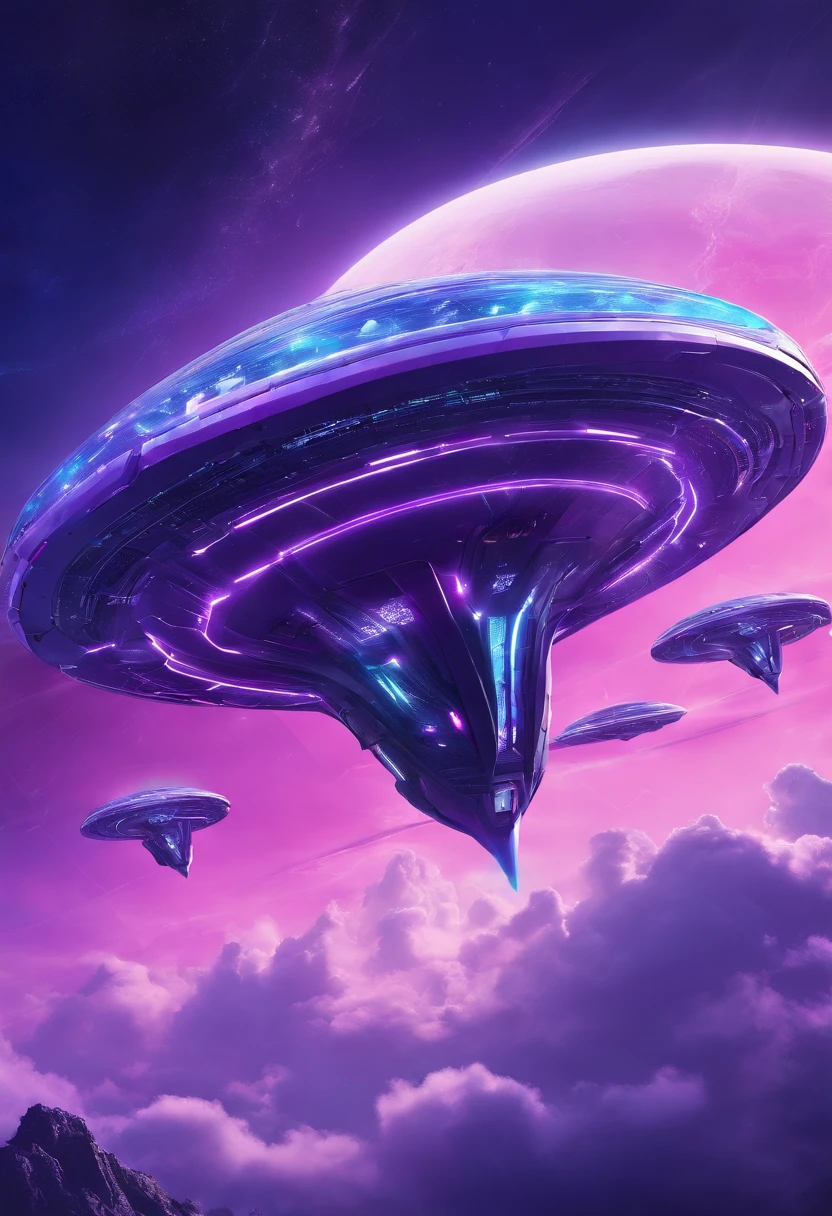 Futuristic alien spaceships flying abovethe clouds, dark sky, purple lighting, rain,lightning, hyper realistic, highly detailed,8k