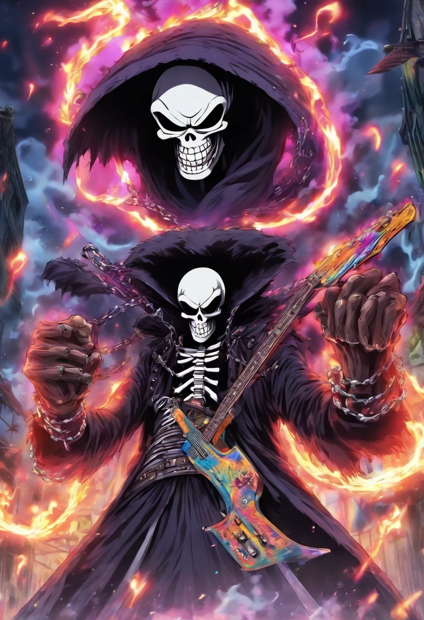 Japanese manga onepiece about a grim reaper mascot is fly and play a electric guitar with angry face and the spike chain around the neck with camera angle
