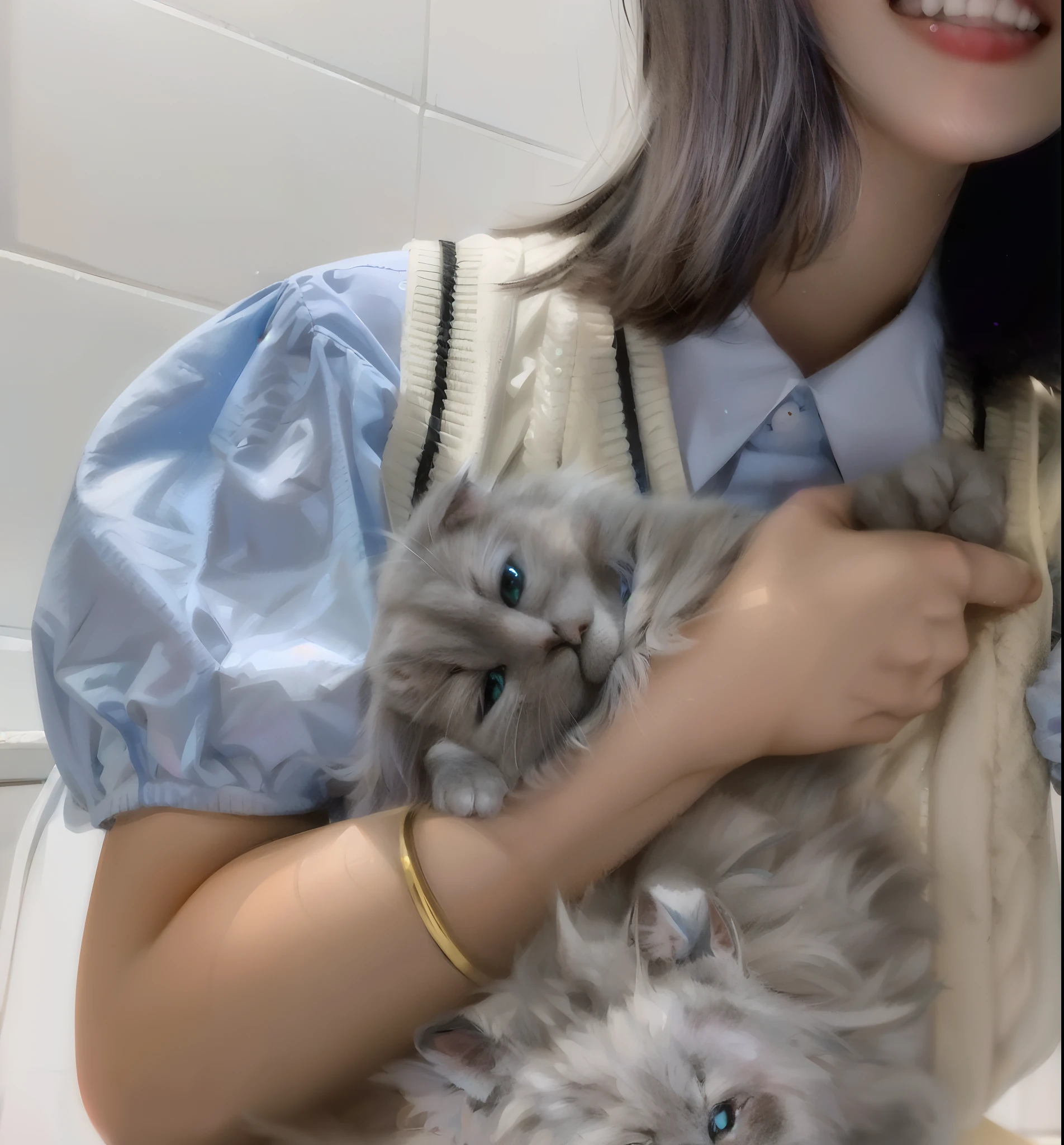 （best qualtiy，8K，32K，tmasterpiece，hyper HD：1.2），Perfect light，In the daytime，inside in room，one-girl，Blue cat kitten，Crooked head kitten，Manhwa Style，British short blue cat，The head is rotated 90 degrees