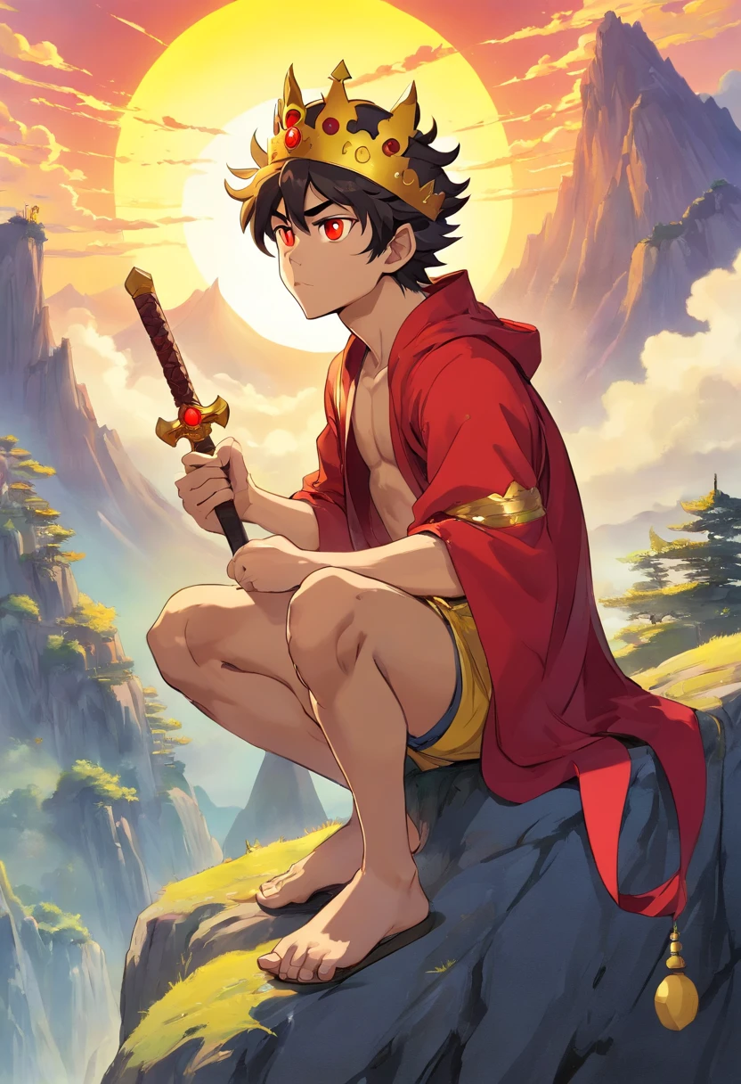 sun wukong in an appearance of a 19 year old young man, wearing a crown, villain, with an evil look, is sitting on top of a mountain, golden aura around him, with monkey tail, red eyes, black hair, very hairy, with monkey ears, wearing black gold armor, Japanese manga style