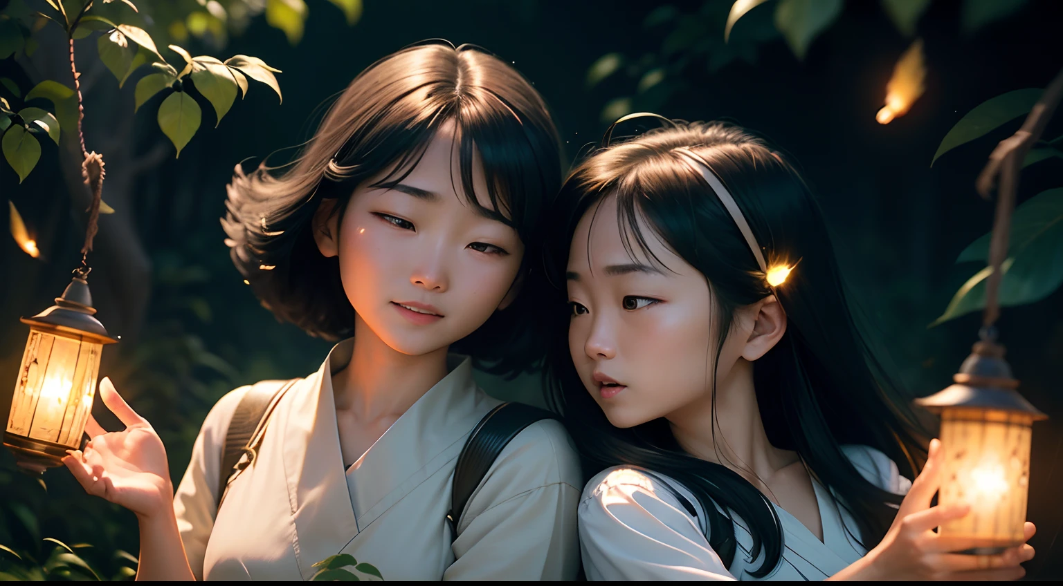 Hana and Mitsuko releasing a swarm of fireflies into the night.
Art Form: Photography (35mm)
Inspiration: Steve McCurry
Description: In a captivating photograph, Hana and Mitsuko release a swarm of fireflies into the velvety night. Their faces radiate joy and wonder as the fireflies create a mesmerizing spectacle. The color temperature is cool, and the scene is illuminated by the soft, magical glow of the fireflies, evoking a sense of enchantment and unity with nature.