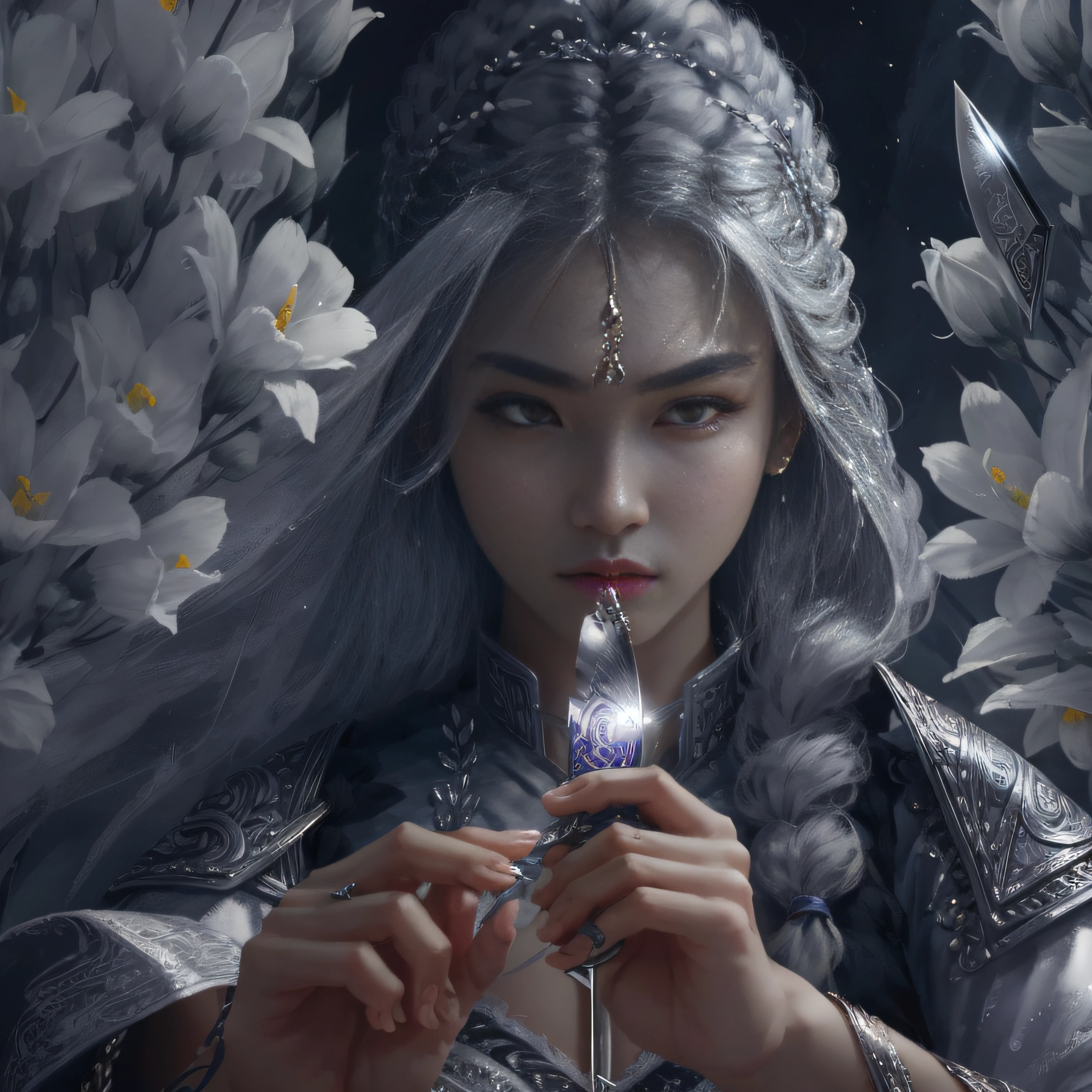 Masterpiece Best Night Full Moon 1 Female Sister Yu Sister Cold Face Expressionless Silver White Long Hair Woman Light Pin Clip Calm Intelligent 3 Band Gray Eyes Assassin Short Knife, Flowers, Hand Details, finger detailed, --auto