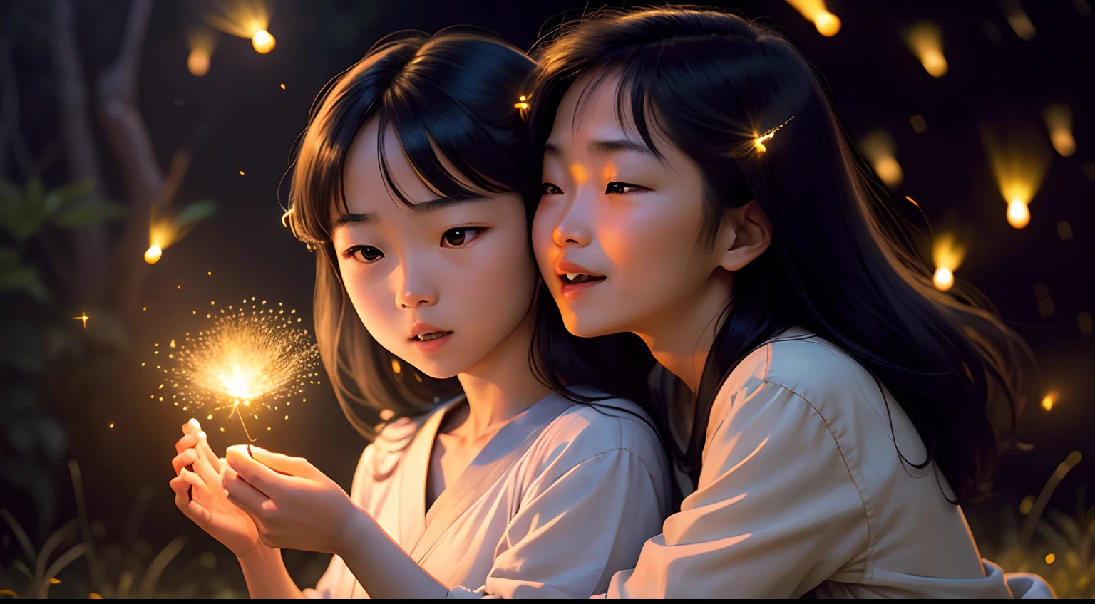 Hana and Mitsuko releasing a swarm of fireflies into the night.
Art Form: Photography (35mm)
Inspiration: Steve McCurry
Description: In a captivating photograph, Hana and Mitsuko release a swarm of fireflies into the velvety night. Their faces radiate joy and wonder as the fireflies create a mesmerizing spectacle. The color temperature is cool, and the scene is illuminated by the soft, magical glow of the fireflies, evoking a sense of enchantment and unity with nature.