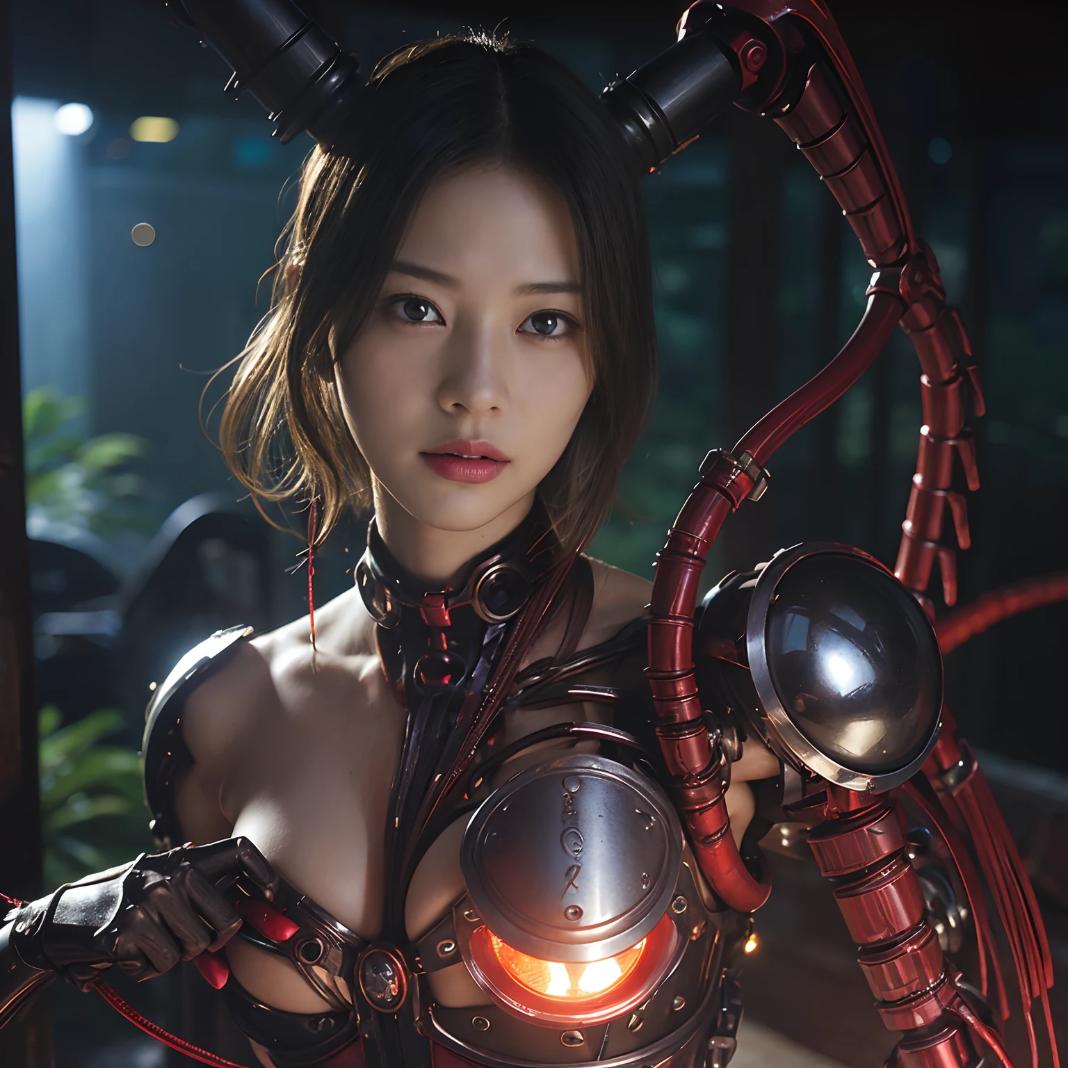 (1 Mechanical Girl)、top-quality、​masterpiece、超A high resolution、(Photorealsitic:1.4)、Raw photo、女の子1人、Fight mutants、glowy skin、(((1 Mechanical Girl)))、With a beautiful knife、（Yellow Metal Bodysuit）、(Kobold、ogre、Fierce battle with orcs),（Fight fiercely against aliens）、Fight fiercely、(beautiful forest background)、(Fighting Demonic Beasts)、(Small LED)、((super realistic details))、portlate、(Strong giant demon beast background),globalillumination、Shadow、octan render、8K、ultrasharp、Colossal tits、Raw skin is exposed in cleavage、metals、Details of complex ornaments、Japan details、highly intricate detail、Realistic light、(Mystical expression),CGSoation Trends、Red Eyes、radiant eyes、Facing the camera、neon details、(Mechanical limbs)、(blood vessels connected to tubes)、Mechanical vertebrae attached to the back、mechanical cervical attaching to neck、(Wires and cables connecting to the head)、Gundam、Small LED、,Mechanical thighs、Toostock、（Hands are also made of machines）、（Attack of the Monster Beasts）、（Wounded in a deadly battle）、