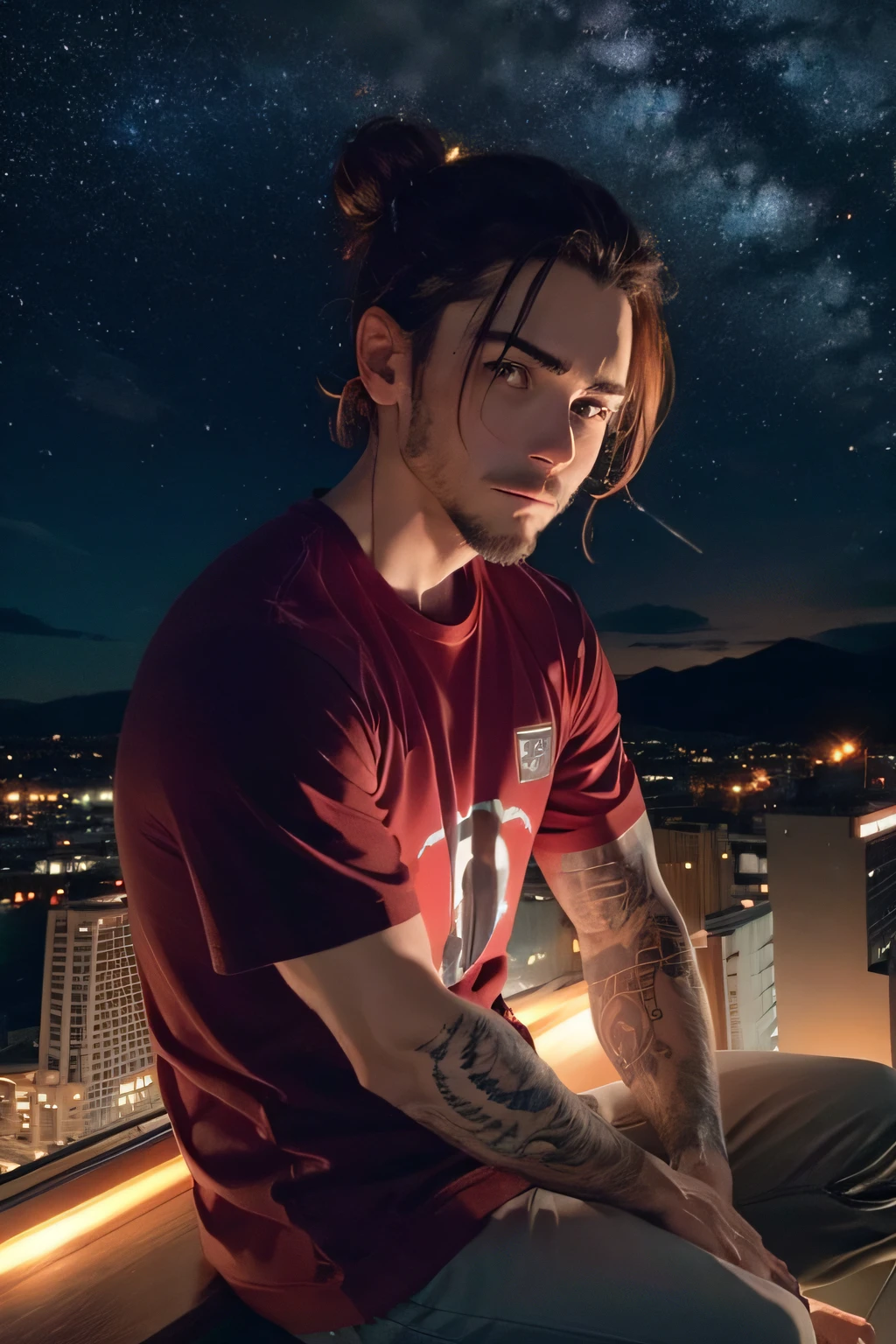 crie uma imagem de um homem moreno with hair bun , Sitting on a ledge with a starry background of loneliness.