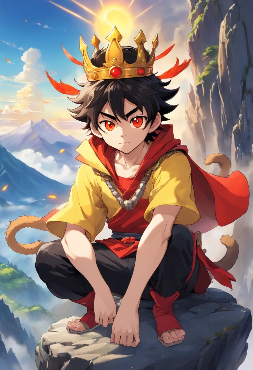 sun wukong in an appearance of a 19 year old young man, wearing a crown, villain, with an evil look, is sitting on top of a mountain, golden aura around him, with monkey tail, red eyes, black hair, very hairy, with monkey ears, wearing black gold armor, manga style