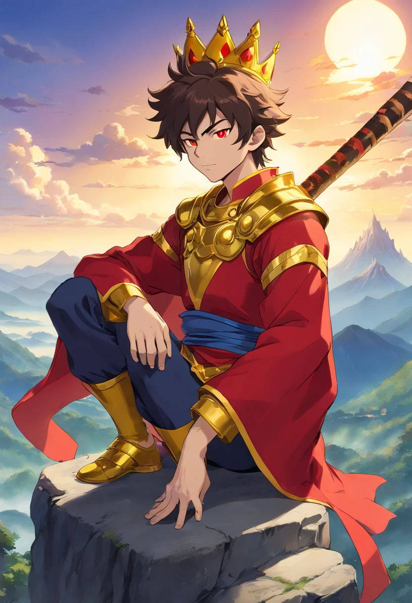 sun wukong in an appearance of a 19 year old young man, wearing a crown, villain, with an evil look, is sitting on top of a mountain, golden aura around him, with monkey tail, red eyes, black hair, very hairy, with monkey ears, wearing black gold armor, manga style