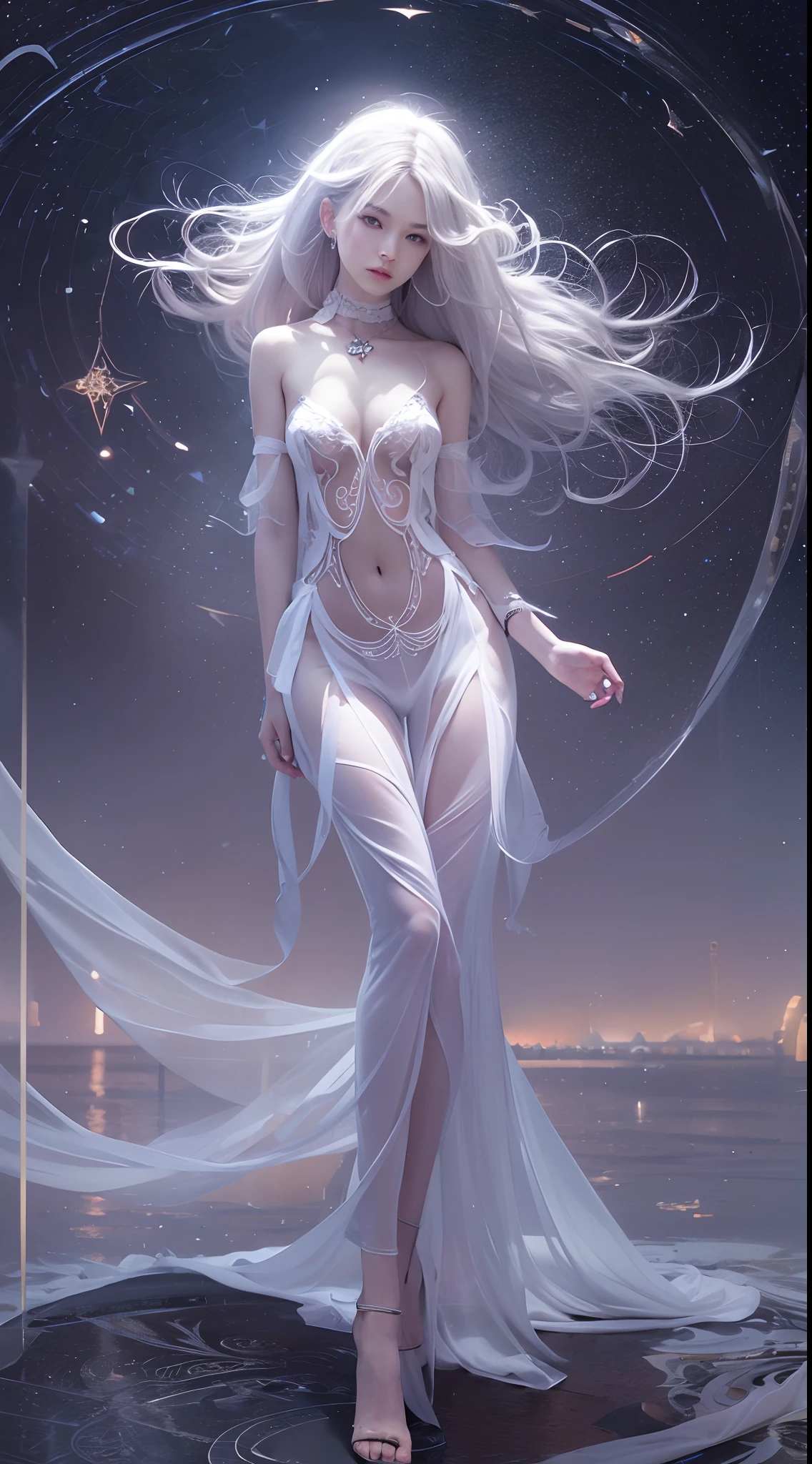 Masterpiece, Beautiful goddess of the void, Standing in white transparent clothes under the empty night star, Disappearing transparent pants, Full body standing, Tall figure, Slender legs, Facial details, Detailed body part details, 8K wallpaper