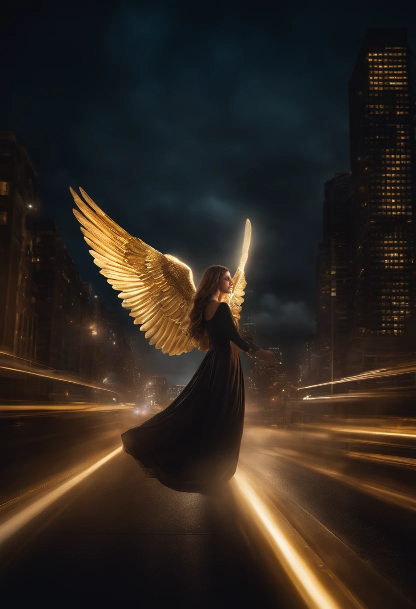 This image depicts an angel woman hovering over a city at night. The city lights create a golden and dramatic atmosphere, while its delicate presence and dark wings contrast with the urban environment. The woman seems protective and vigilant.