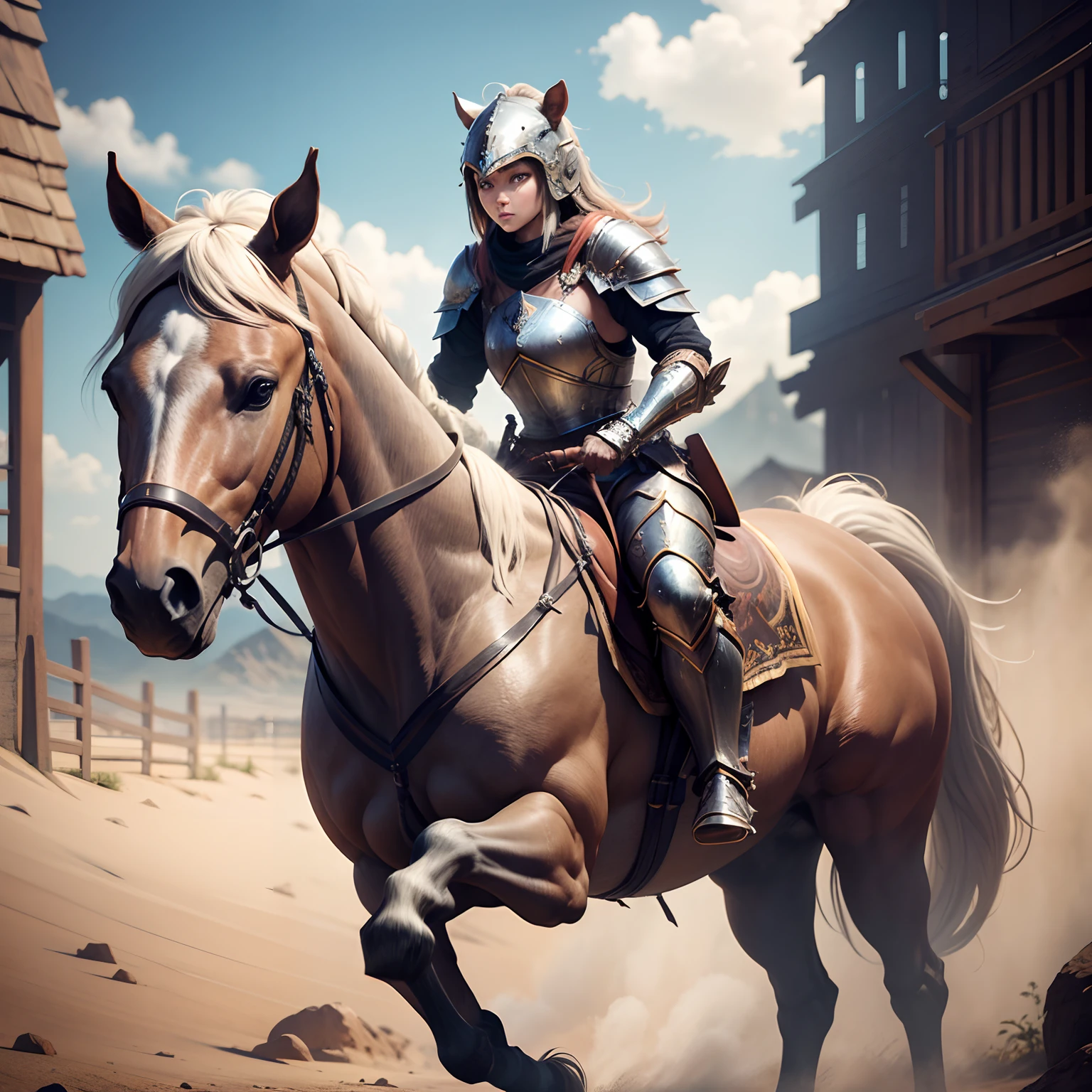 Cute horse warrior in realistic 4K armor, full entire body,Super Detailed, Vray Display, Unrealistic engine, Midjourney Art Style.