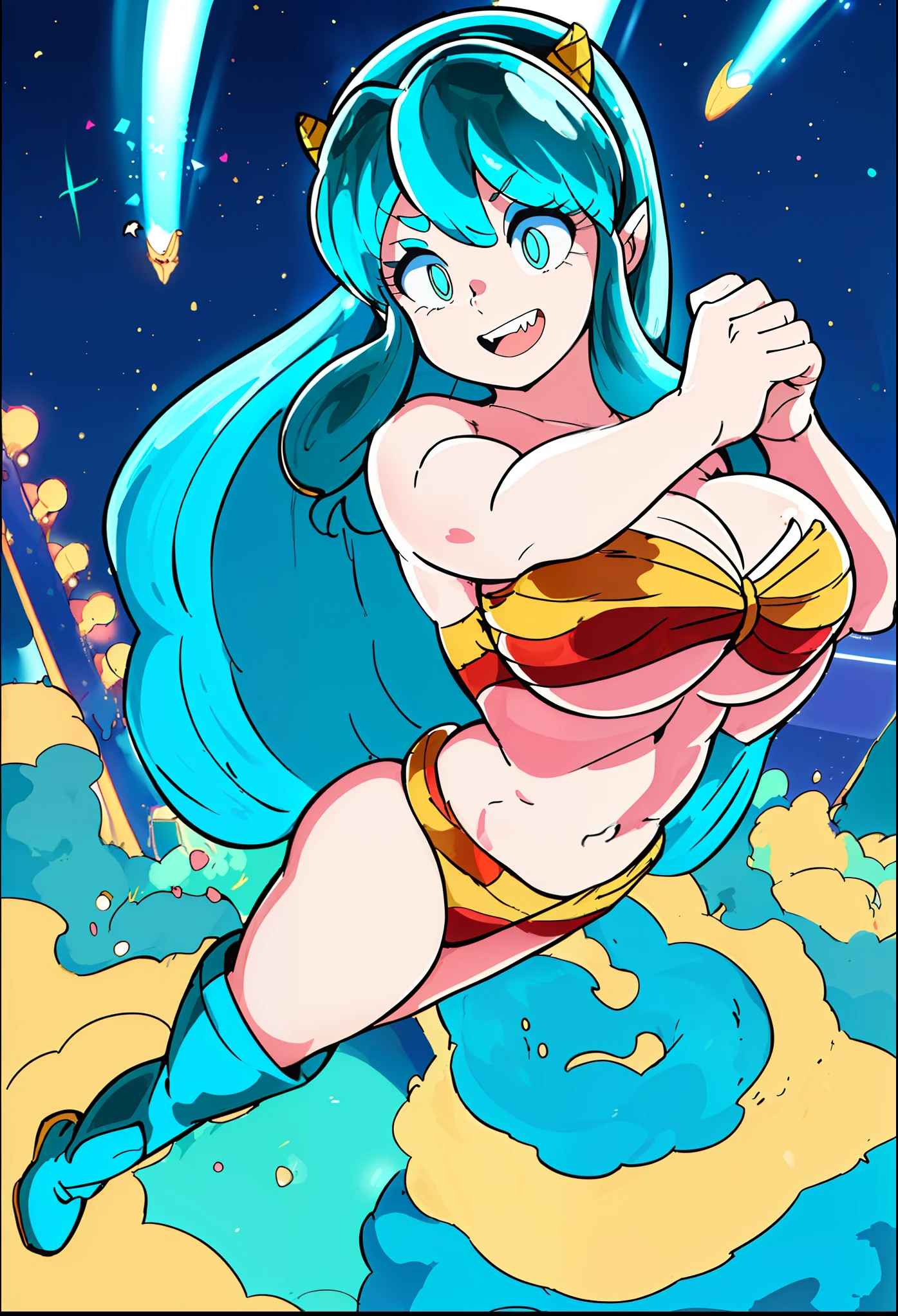 lum, superhero costume,, standing,, boots, oni, smile,, full body, sentai, bikini, horns, curvy, big breast, open mouth teeths, fangs,(best quality,4k,8k,highres,masterpiece:1.2),mega-detailed,(,1.37),portraits,vivid colors,warm tones,soft lighting, immovile pose