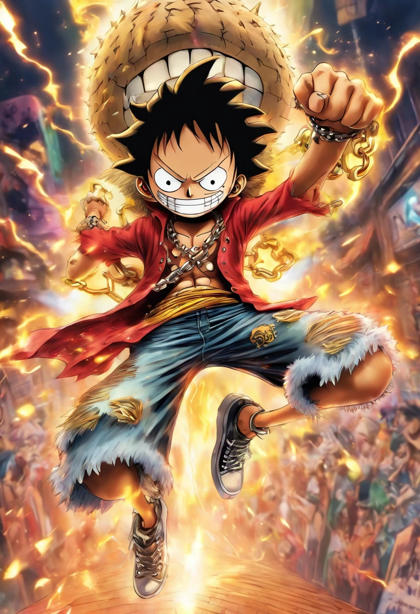 Japanese manga onepiece about a boy mascot fullbody is jumping and play a electric guitar with angry face and the spike chain around the neck with camera angle