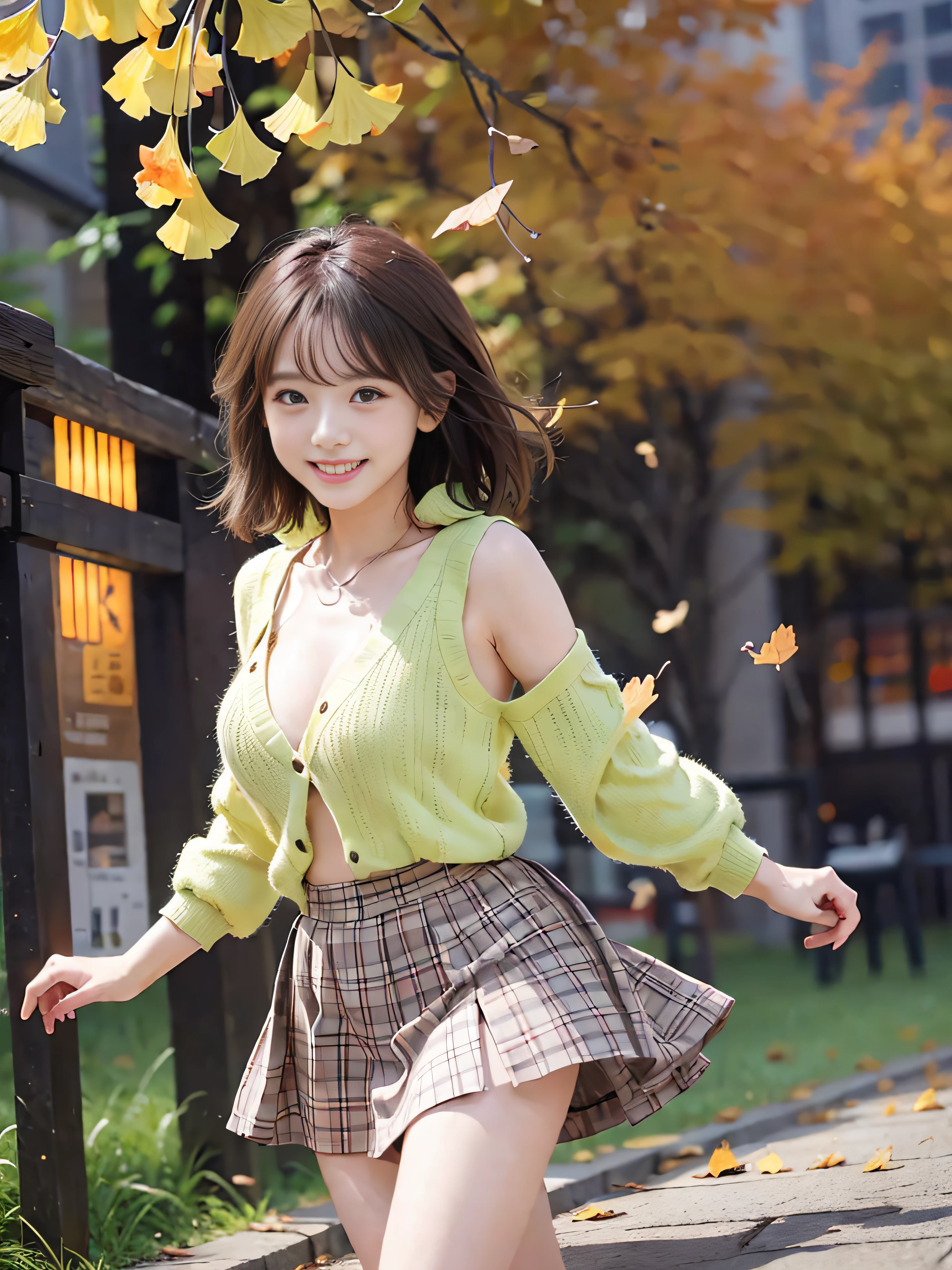 RAW image quality、8K分辨率、Ultra-high-definition CG images、Marunouchi at night、(Ginkgo falling🍁)、Moonlight、25 year old beautiful woman、Detailed beautiful eyes、Beautiful beautiful medium hair、Clear skin、parka、Tank tops、skirt by the、Colossal tits、In a row of ginkgo trees、depth of fields、masutepiece、absurderes、24K Graphic Arts、Carefully drawn background、Composition with depth、sano、jumpy、A smile、