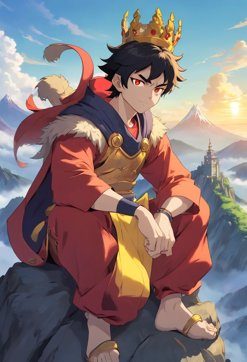 sun wukong in an appearance of a 25 year old young man, wearing a crown, villain, with an evil look, is sitting on top of a mountain, golden aura around him, with monkey tail, red eyes, black hair, very hairy, with monkey ears, wearing black gold armor, manga style