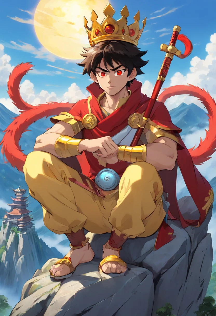 sun wukong in an appearance of a 25 year old young man, wearing a crown, villain, with an evil look, is sitting on top of a mountain, golden aura around him, with monkey tail, red eyes, black hair, very hairy, with monkey ears, wearing black gold armor, manga style