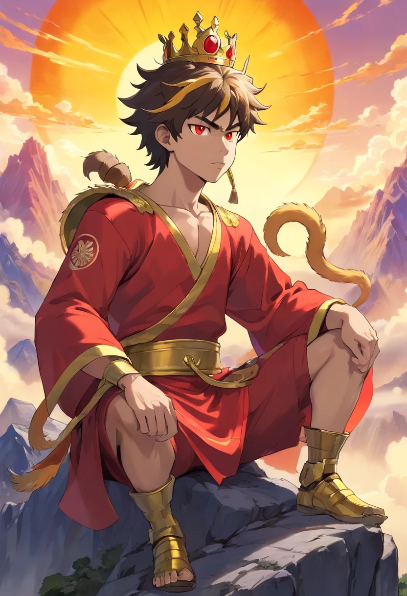 sun wukong in an appearance of a 25 year old young man, wearing a crown, villain, with an evil look, is sitting on top of a mountain, golden aura around him, with monkey tail, red eyes, black hair, very hairy, with monkey ears, wearing black gold armor, manga style