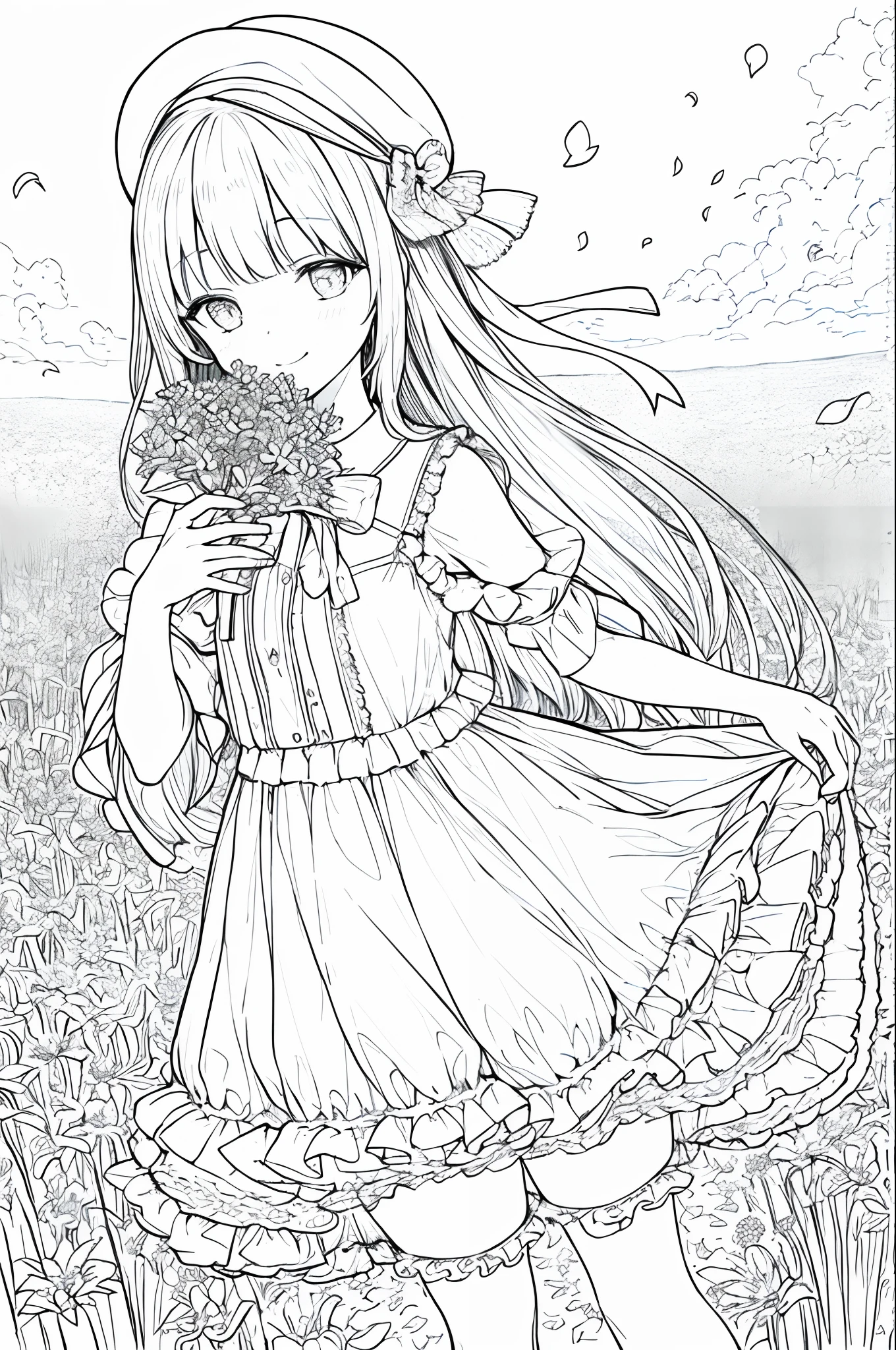 tmasterpiece,Best quality at best,1girl,独奏,long whitr hair,lookingat_peeping at the viewer,ssmile,By bangs,a skirt,The shirt,longer sleeves,Hats,shift dresses,Bow knot,Take it,Keep one's mouth shut,florals,frilld,hair_flower,petals,flower bouquet,holding_flower,center_frills,Hats,holding_bouquet , flower field, flower field,Lily petals flying in the sky, Line drawings, Mono Color,