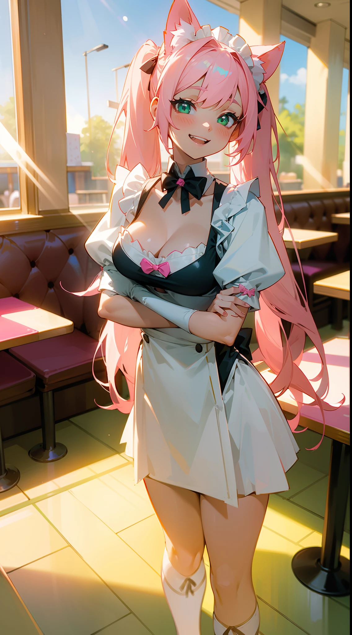 1girl,solo,happy face,teeth,white and black maid outfit,cleavage,normal tits,pink cat ears,light pink hair,mega twintail,green eyes,(((standing in a restaurant,sunlight))),cowboy shot