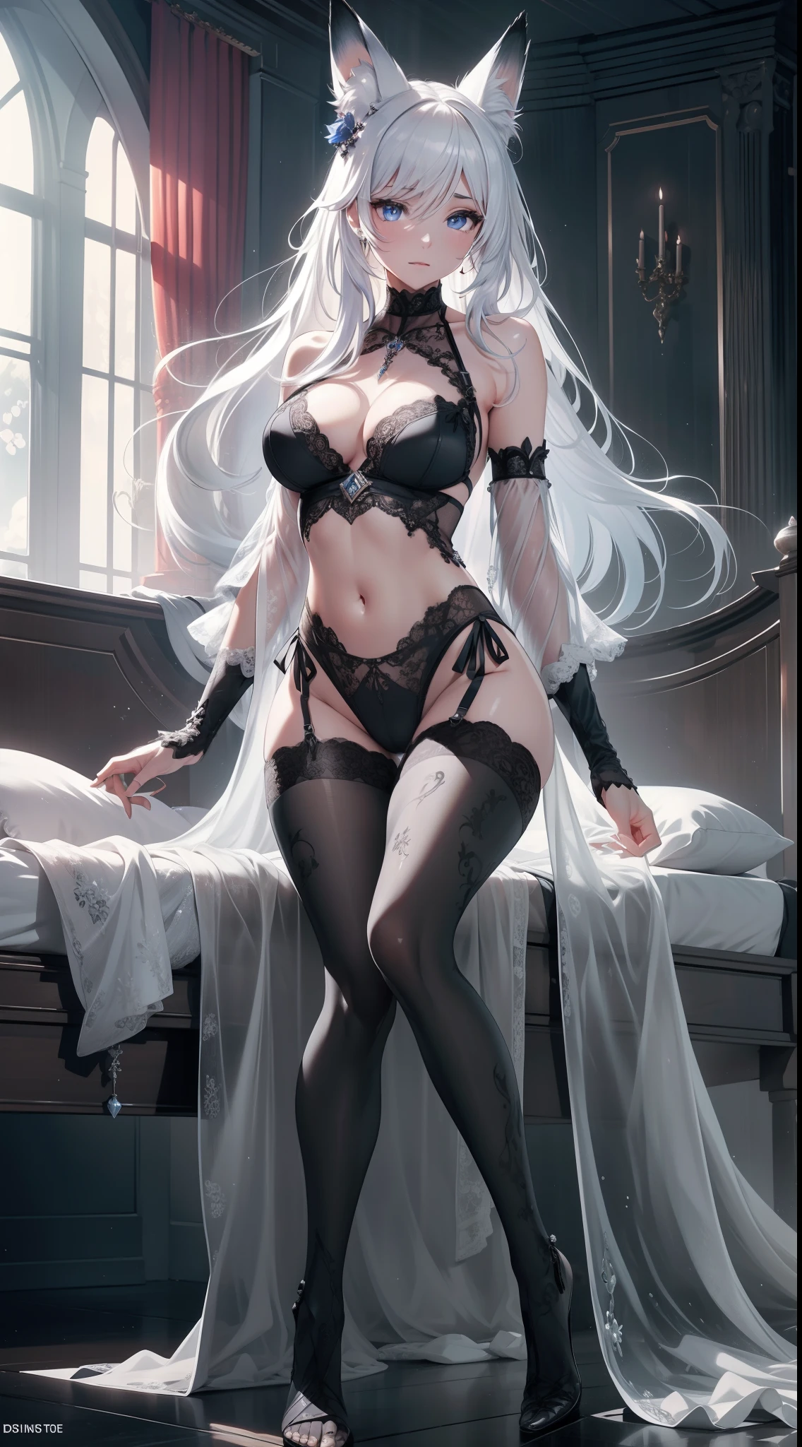 in a castle, full bodyesbian, masterpiece, Best quality at best, official art, Very detailed CG 8k wallpaper, (flying petal)(Detailed ice), Crystal texture of the skin, Grim expression, (fox ear), white hair, long white hair, messy  hair, eBlue eyes, Medium breasts, looking at viewer, Hands are truly optimized, The foot is truly and reasonably optimized, very fine and beautiful, A high resolution, Underwear lace (transparent pubic hair, Silky), Navel-baring, Sling pajamas black silk (transparent pubic hair, Silky), Strangle leg rings, close-up on legs, Unilateral ponytail with white hair, Flushed face, Lie down, Background bed, water stain (Close up of transparent water stains), lots of resolution, Close-up of the hand, The lines are clear and realistic, photograph realistic, best quality, tmasterpiece, Extremely refined and beautiful, extremely details, CG 8K, Amazing Cleavage, finely detailed, tmasterpiece, Best quality at best, extremely detailed CG unity 8k wallpaper,