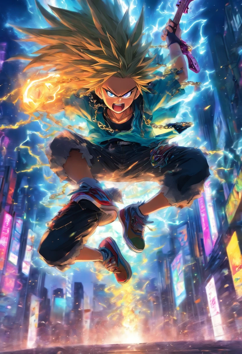 Japanese manga about a boy fullbody is jumping and play a electric guitar with angry face and the spike chain around the neck with long hair in the city