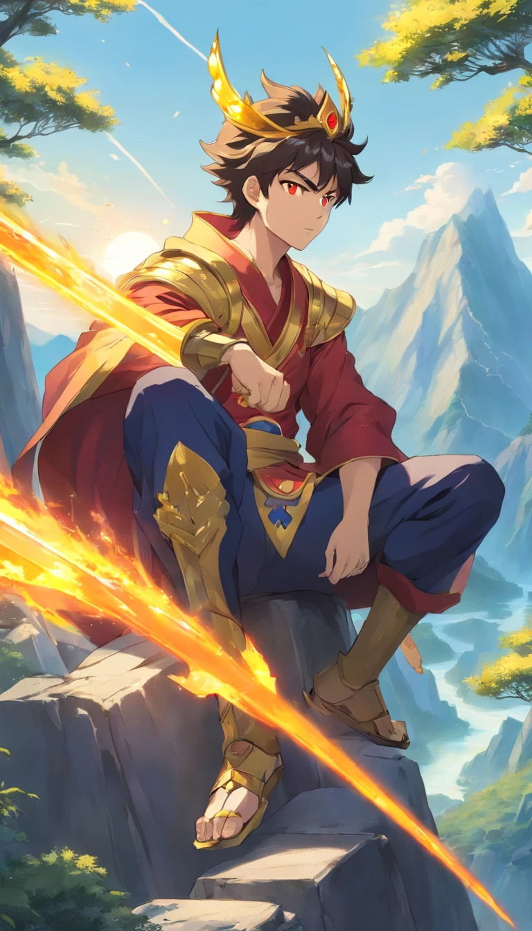 sun wukong in an appearance of a 30 year old young man, wearing a crown, villain, with an evil look, is sitting on top of a mountain, golden aura around him, with monkey tail, red eyes, black hair, very hairy, with monkey ears, wearing black gold armor, manga style